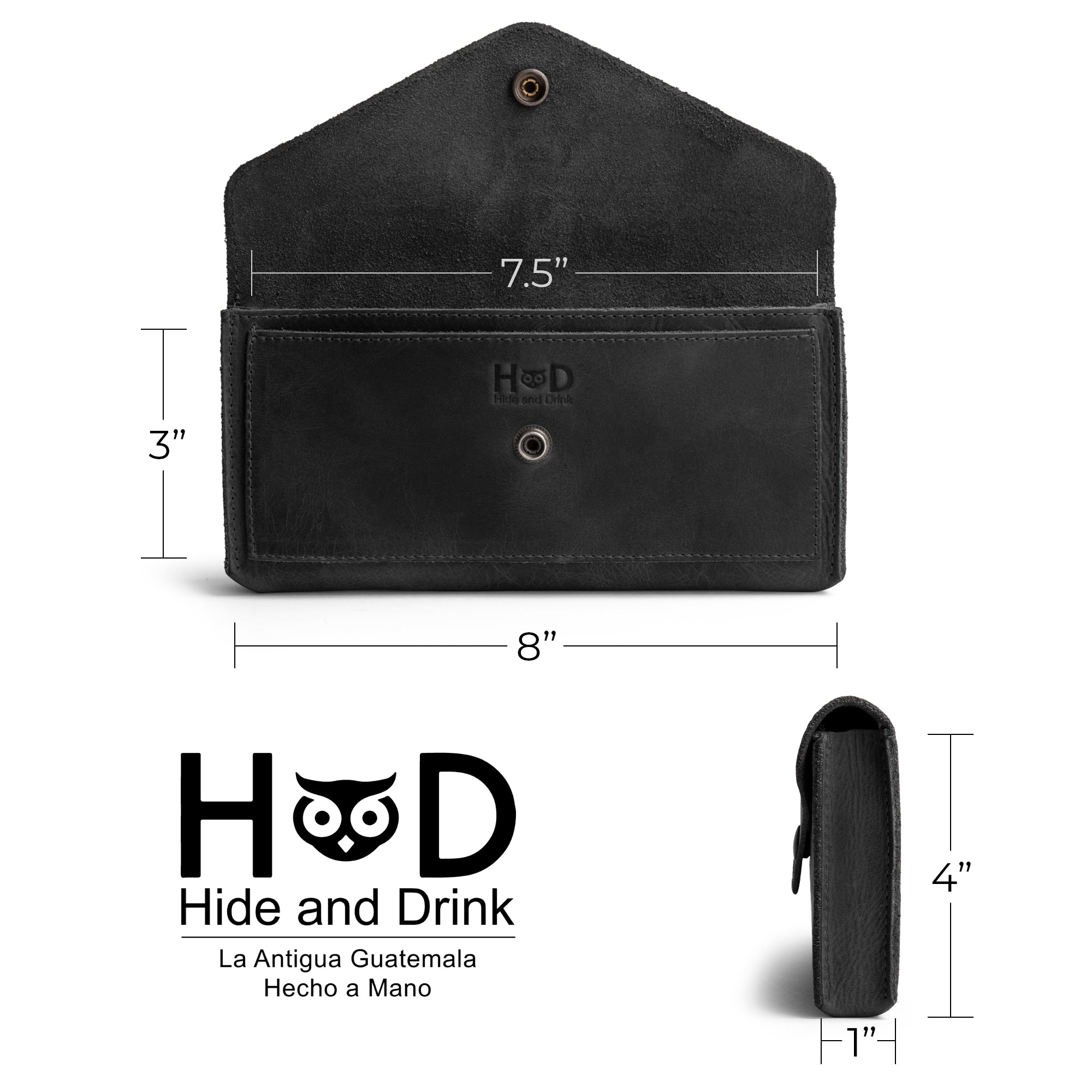 Dimension illustration of the Large Female Wallet by Hide & Drink alongside a credit card for size comparison. This functional Vintage Money and Card Holder is made from Full Grain Leather, showcasing artisan craftsmanship in a Travel Organizer for Women.