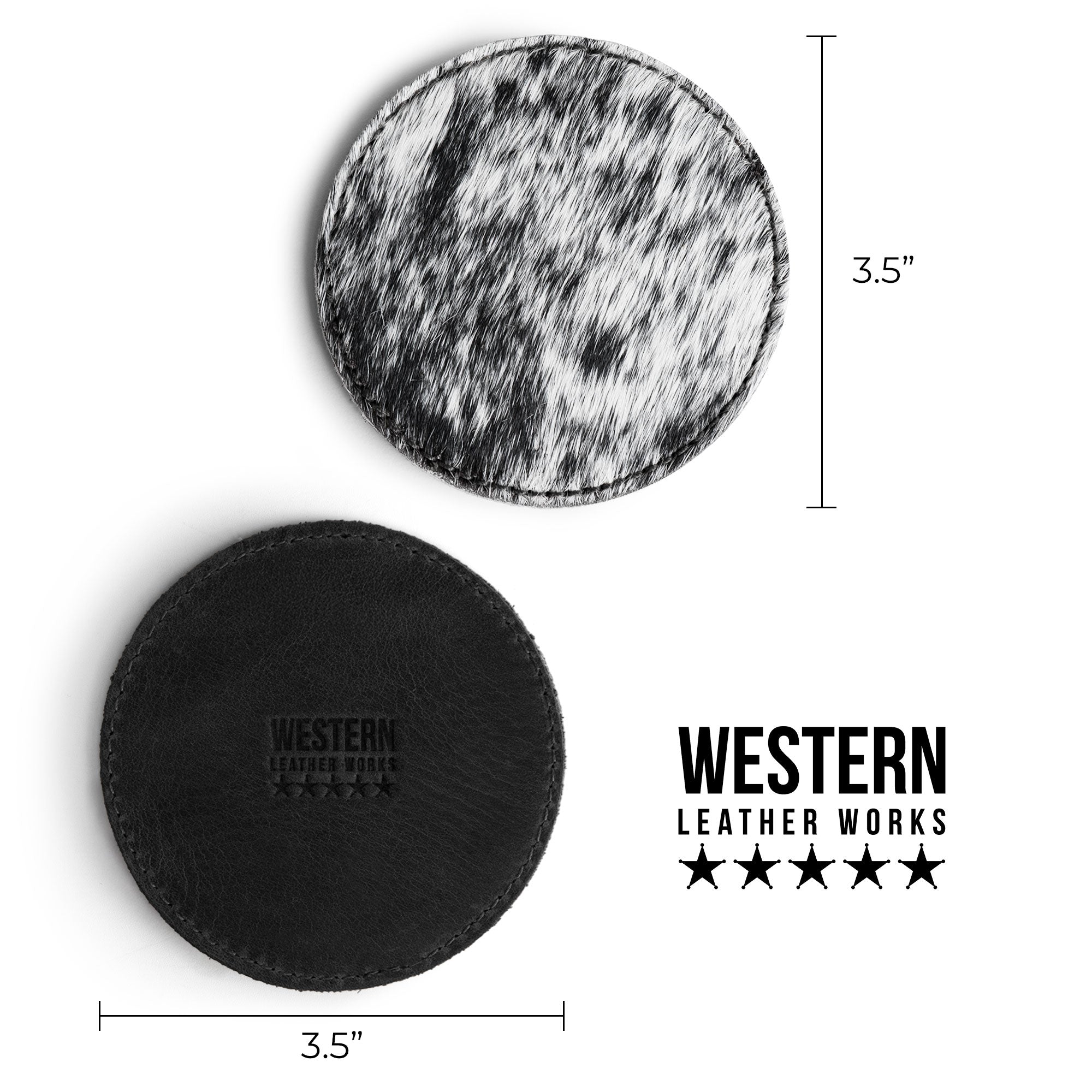 Dimensions of a hair-on-hide coaster from Western Leather Works are displayed alongside the logo, emphasizing the 3.5-inch size of the Set of 6 Circular Coasters for Drinks. This product guarantees Glass & Cups Stain Protection and is made from high-quality Full Grain Leather, utilizing small batch production with artisan hand cut and hand sewn techniques, and fire branding, celebrating its craftsmanship from La Antigua Guatemala & Oaxaca Mexico.