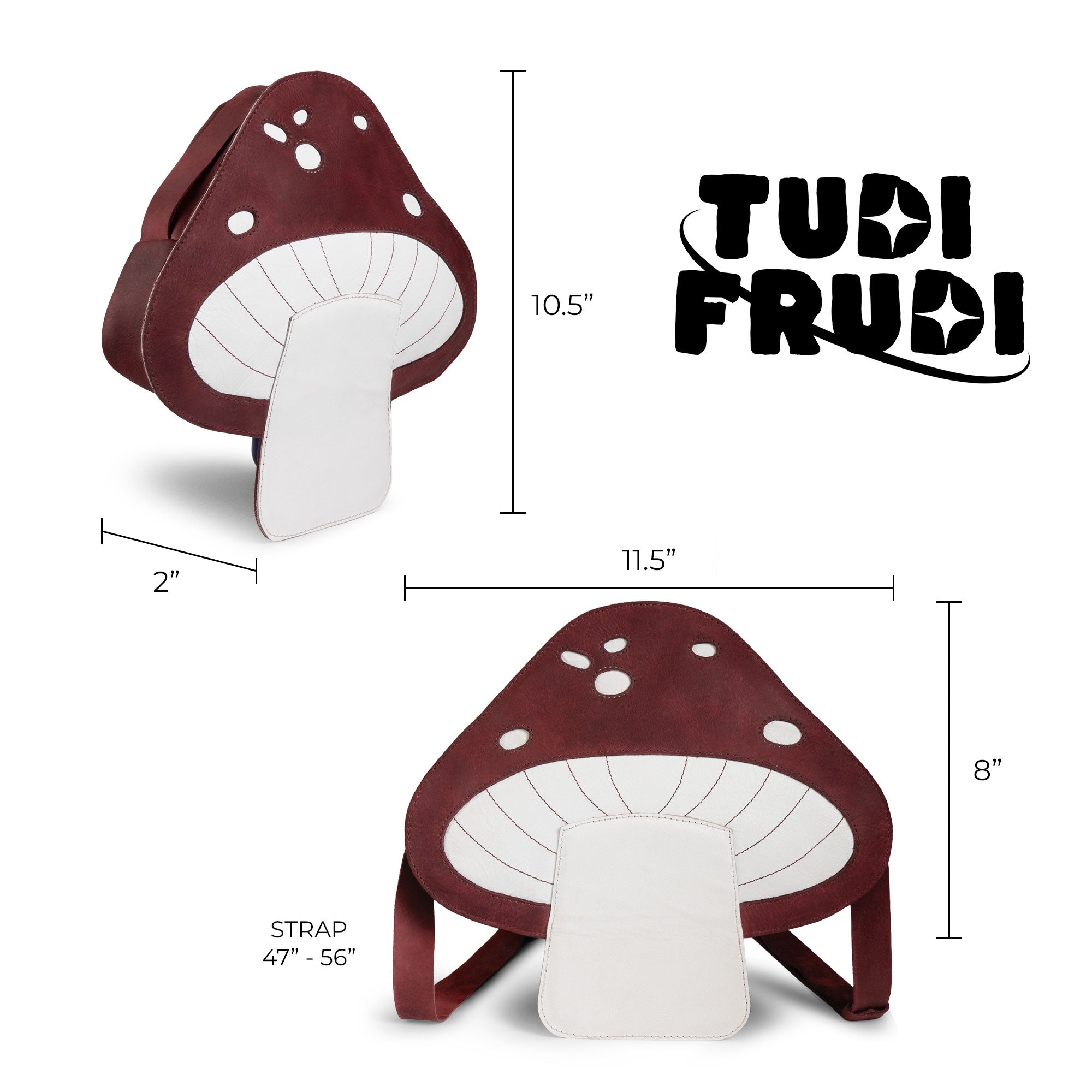 Dimensions of the Mushroom-Shaped Leather Shoulder Bag by Tudi Frudi are displayed, emphasizing its functionality as a crossbody and messenger bag. Made from durable Full Grain Leather, this artisan piece reflects small batch production methods and is handmade in La Antigua Guatemala.