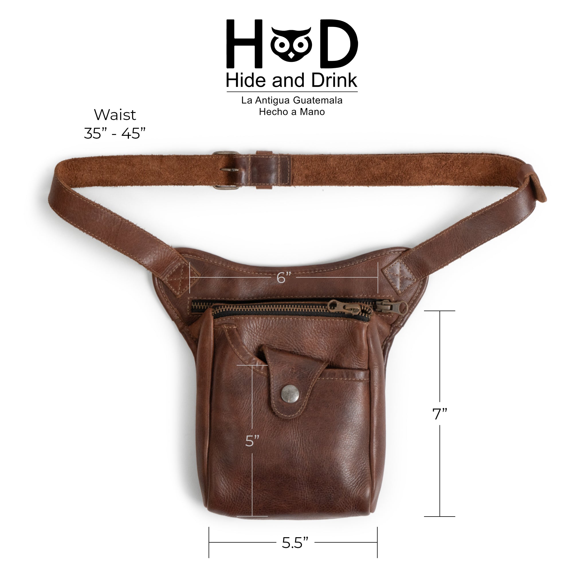 Essential Waist Bag by Hide & Drink, featuring adjustable belt and practical design with detailed measurements, made from high-quality full grain leather. Excellent for organizing and storing items, this artisan-made bag demonstrates the care put into hand cut and hand sewn craftsmanship from La Antigua Guatemala & Oaxaca Mexico.
