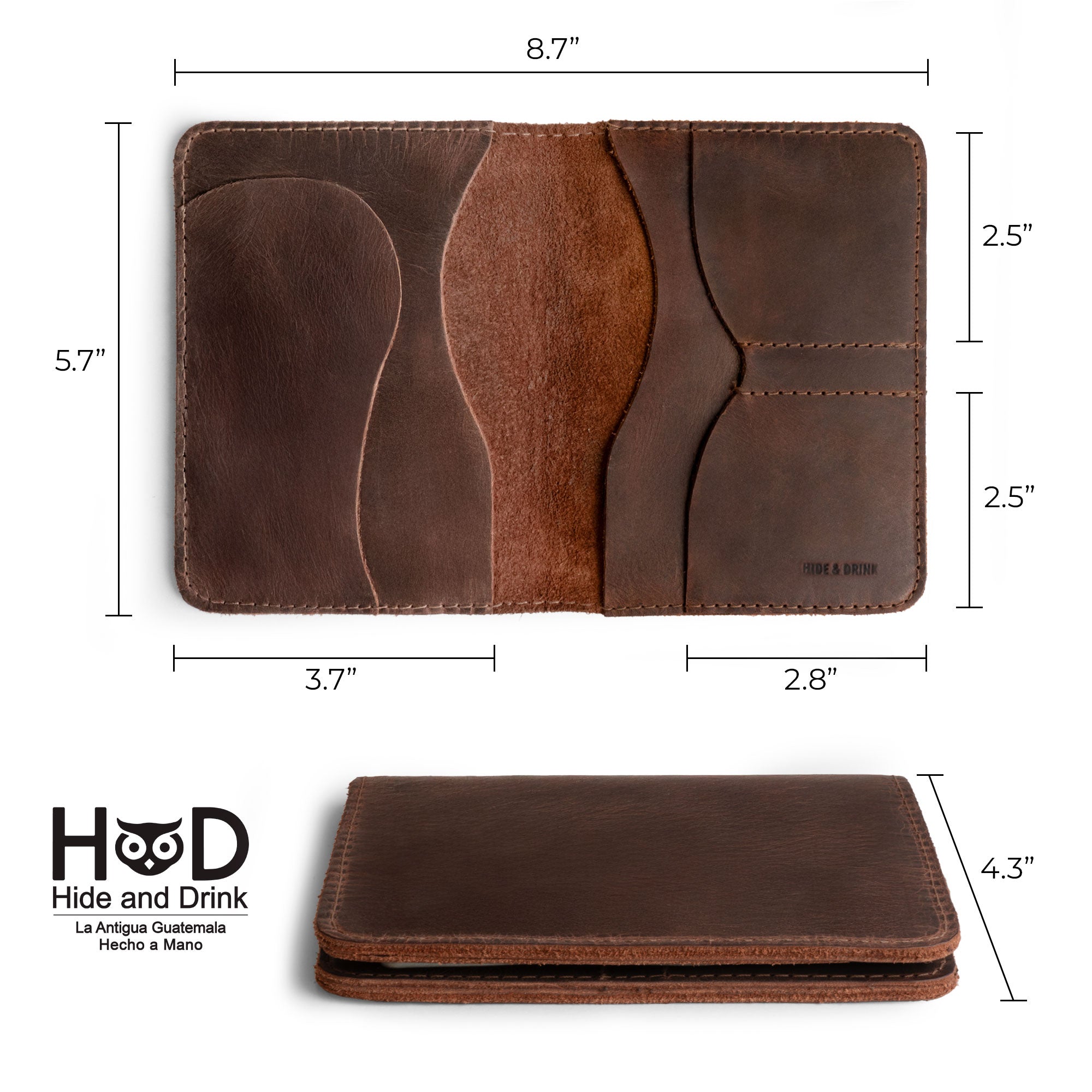 Dimensions of Hide & Drink's Double Passport Wallet W/Key Slot displayed alongside a passport, emphasizing its functionality as a full grain leather rustic case for bills and keys, handmade by local artisans.