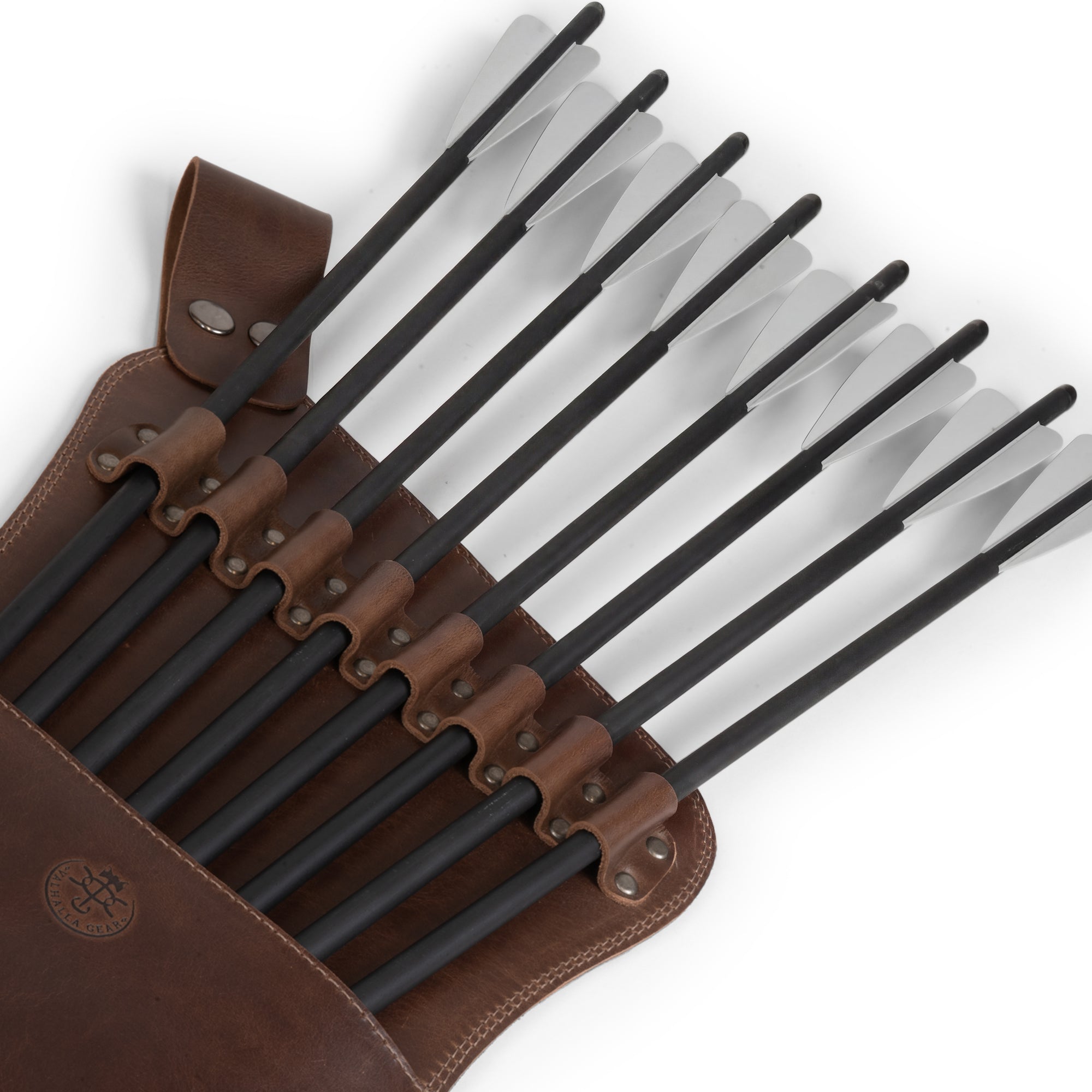 A close-up view of The Arbalest, Bolts Hip Quiver by Valhalla Gear reveals its intricate stitching and quality materials. This Leather Crossbow Bolts Hip Quiver with Belt Loops is the perfect waist arrow holder for convenient access and storage while hunting. Celebrating artisan quality, each quiver is handmade in La Antigua Guatemala & Oaxaca Mexico.