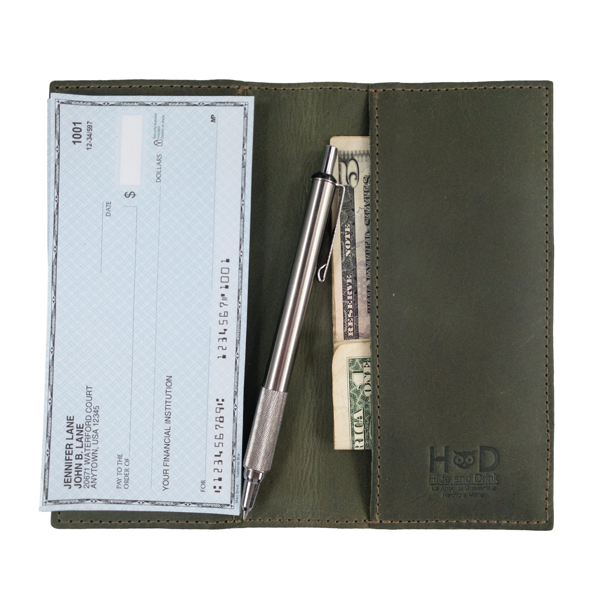 Checkbook Leather Cover by Hide & Drink, showcasing versatility as a minimalist organizer for standard checkbooks. This handmade item, made from full grain leather, emphasizes artisan quality and small batch production from La Antigua Guatemala and Oaxaca Mexico.