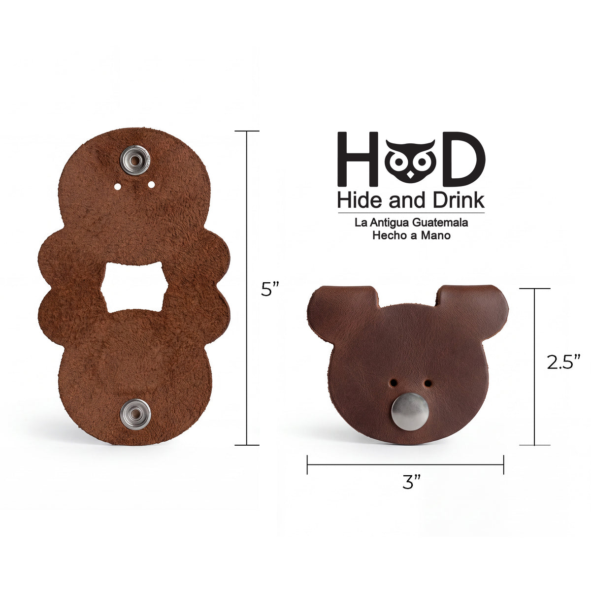 Back view of a Bear Shaped Cord Keeper (Cord Clam) by Hide & Drink, illustrating the craftsmanship in Full Grain Leather with fire branded details. Handmade in La Antigua Guatemala & Oaxaca Mexico, representing small batch production.