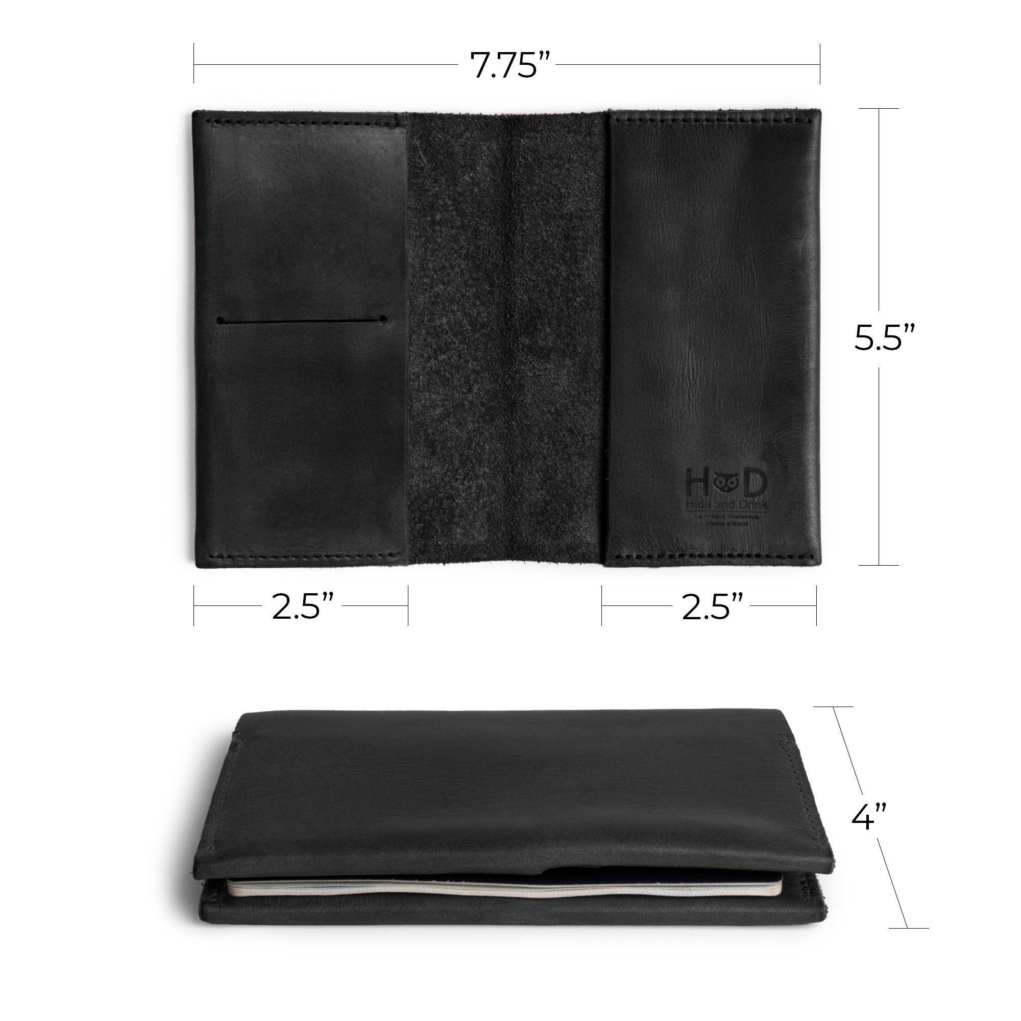 Measurement details of the Passport Case With Card Holder by Hide & Drink, designed for efficiency in carrying travel essentials like passports and credit cards. Combining stylish design with practicality, this full grain leather case is a remarkable product of artisan craftsmanship, made in La Antigua Guatemala & Oaxaca Mexico.