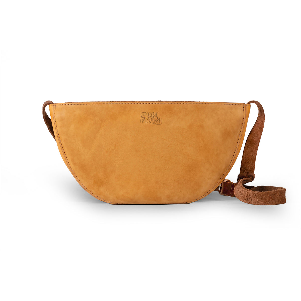 Top view of the Lemon-Shaped Shoulder Bag by Tudi Frudi, showing the zipper compartment for secure storage. This Lemon-Shaped Shoulder Bag with Adjustable Strap is ideal as a Messenger Bag and Vintage Purse. It features Full Grain Leather and is made through Small Batch Production, hand cut and sewn by talented artisans in La Antigua Guatemala & Oaxaca Mexico.