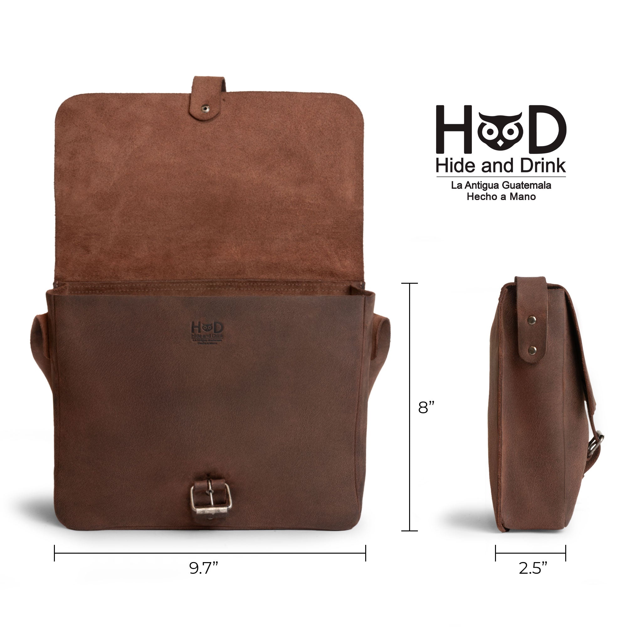 Hide & Drink’s Small Messenger Bag with tags, revealing its craftsmanship and origin. Made from high-quality Full Grain Leather, this durable crossbody bag represents a perfect travel accessory, artfully hand cut and sewn by artisans in La Antigua Guatemala & Oaxaca Mexico.