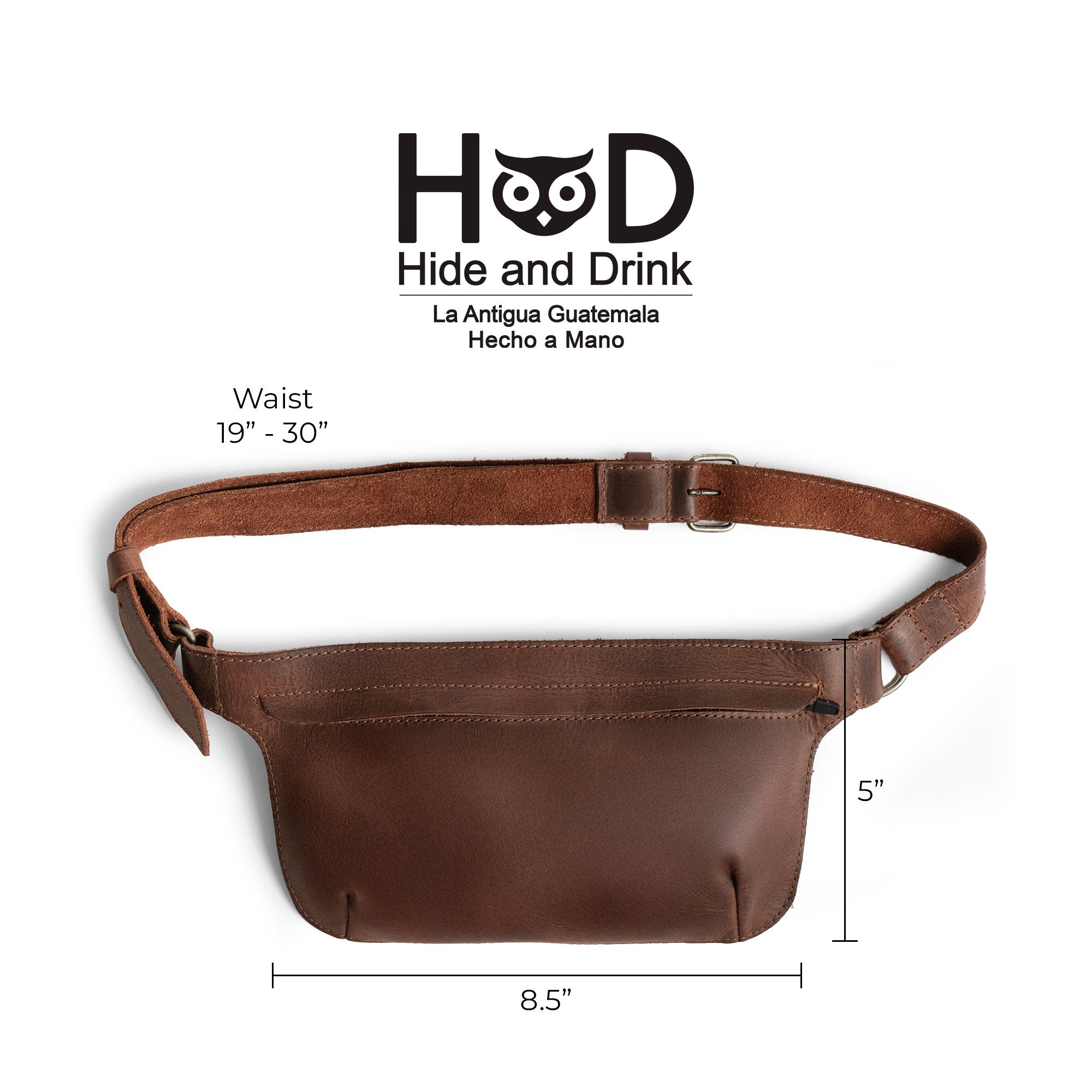 Slim Fanny Pack by Hide & Drink presented with sizing dimensions to highlight its compact design, ideal as a narrow waist bag. It is handcrafted from full grain leather, showcasing the quality of artisan workmanship from La Antigua Guatemala.