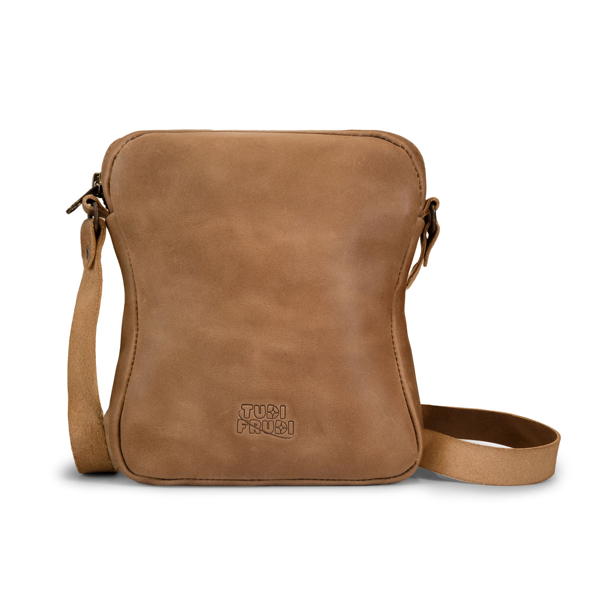 Stylish Egg and Bacon Sandwich-Shaped Shoulder Bag by Tudi Frudi, showcasing a unique design with an adjustable strap. Perfect as a Handbag, Crossbody Bag, or Messenger Bag, made from Full Grain Leather through Small Batch Production, Hand Cut, and Hand Sewn techniques. Artisan quality, Handmade in La Antigua Guatemala.