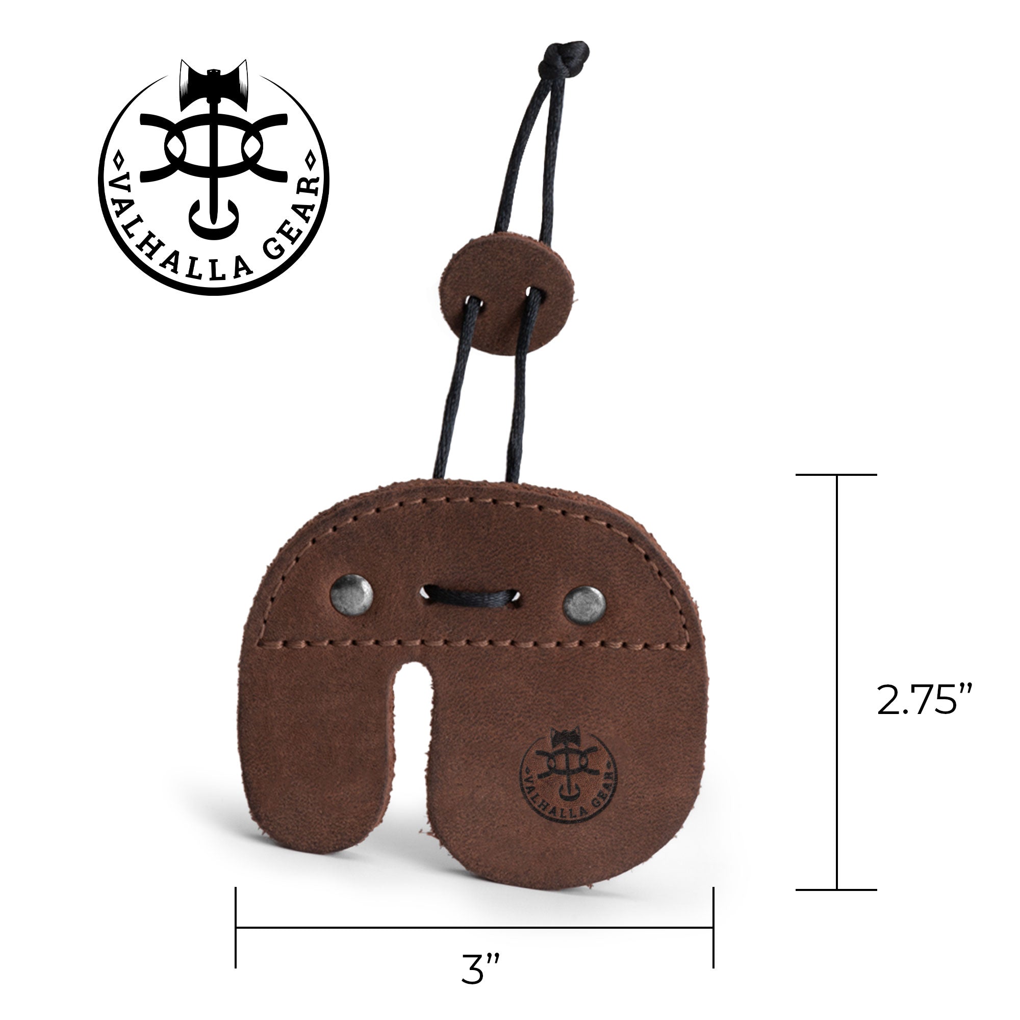 The Right Handed Archery Finger Tab by Valhalla Gear, featured with measurements to illustrate its dimensions and style. This handmade finger protector is designed for archery enthusiasts, offering durability and comfort during shooting practice. Crafted from full grain leather in La Antigua Guatemala, it symbolizes quality and artisan skill.