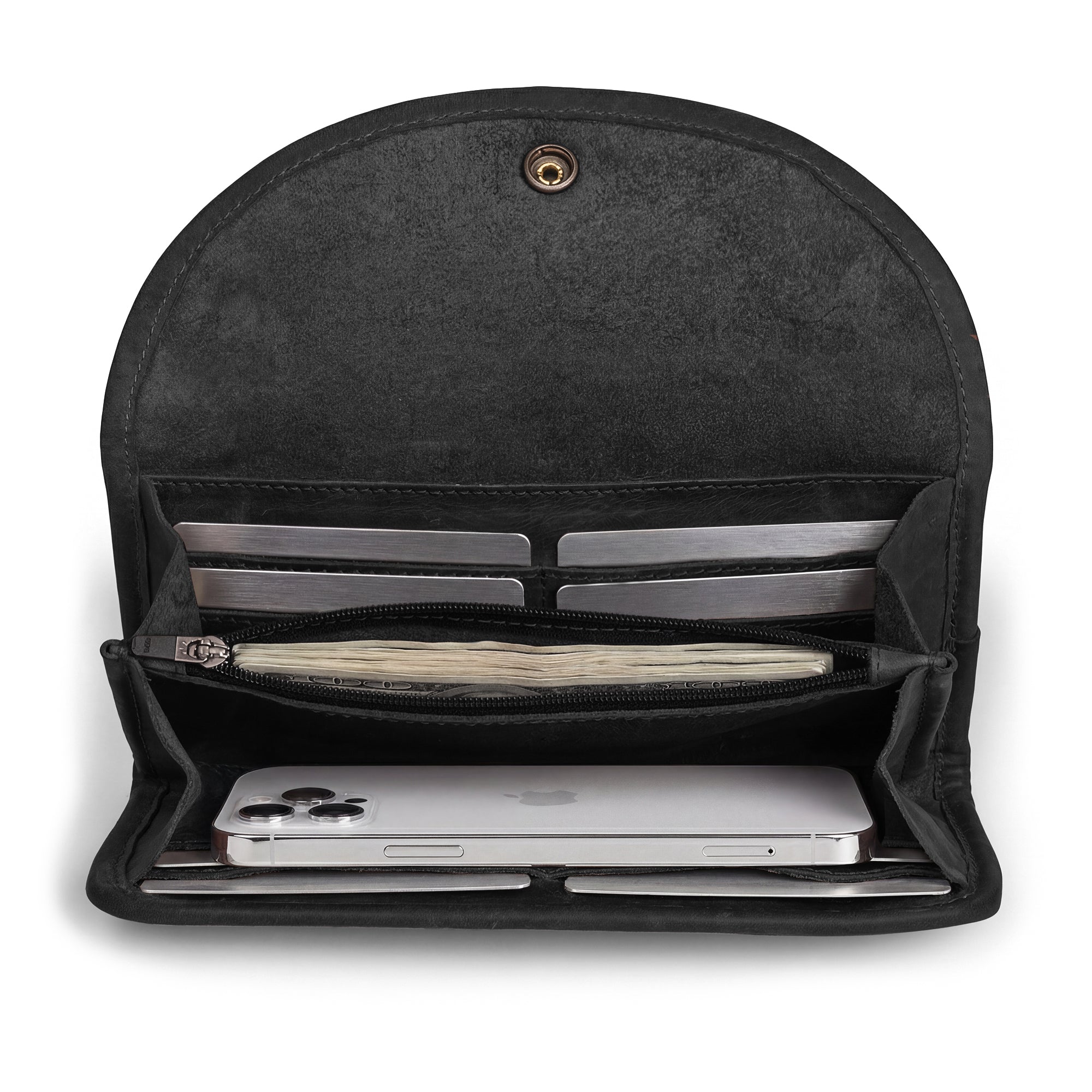 Open view of the black Single Snap Zippered Wallet by Hide & Drink, featuring its spacious layout. This Snap Clutch Wallet for Women is a practical money holder and card organizer with a zippered pouch, crafted from premium full grain leather and handmade in small batches in La Antigua Guatemala.