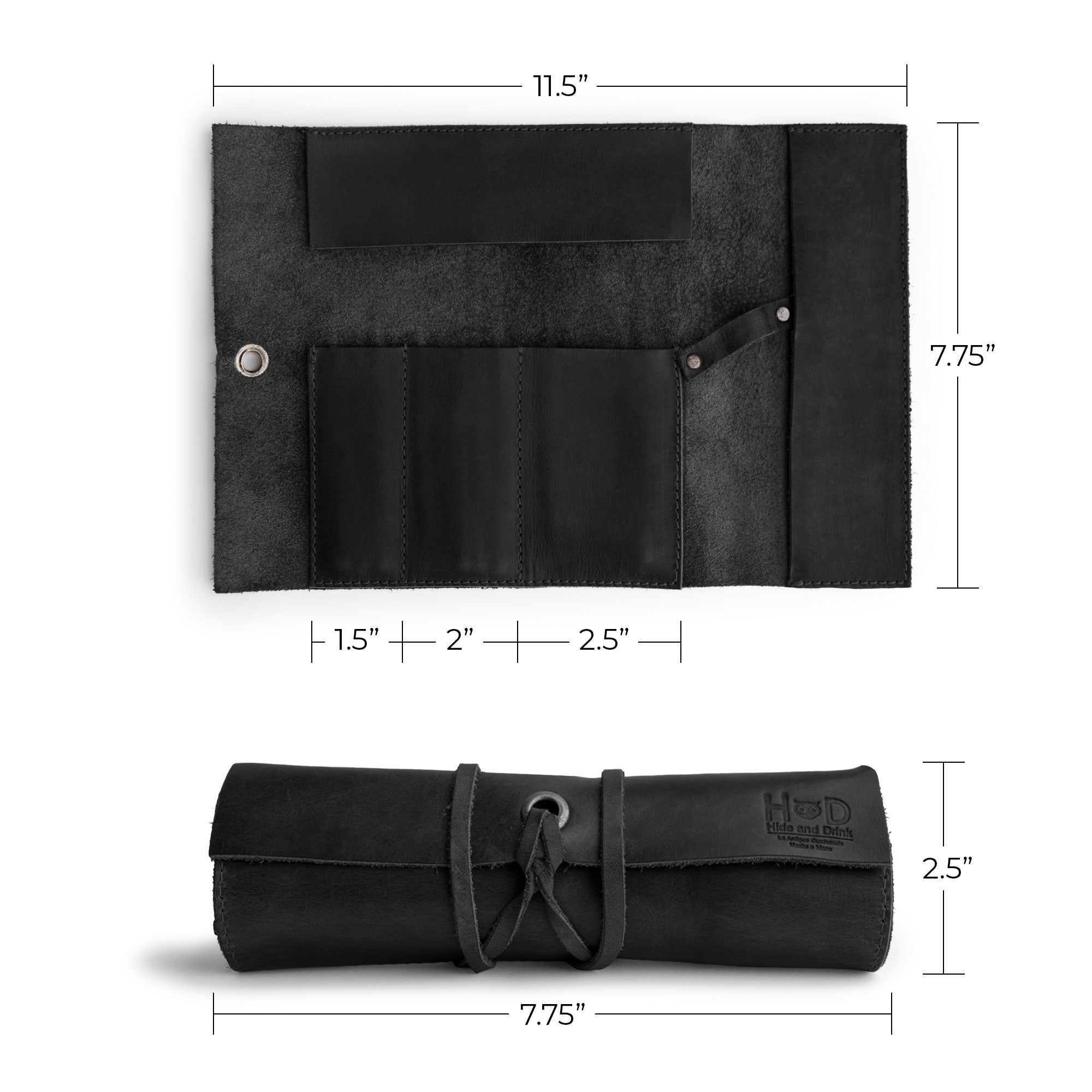 Detailed view of the dimensions of the Multi Purpose Pencil Roll by Hide & Drink, featuring its practical design created from full grain leather. This pencil roll pouch is a great multi-purpose storage wrap for craft tools and work essentials, handmade with love in La Antigua Guatemala & Oaxaca Mexico.