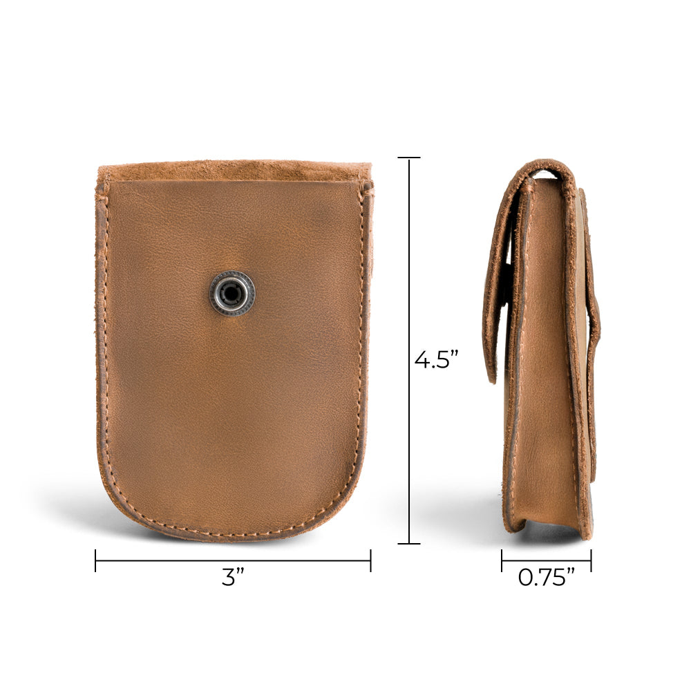Dimensions shown for the Teal Holster Pouch by Hide & Drink, emphasizing its compact size and convenient features. Artisan crafted from full grain leather, this pouch is ideal for everyday essentials.