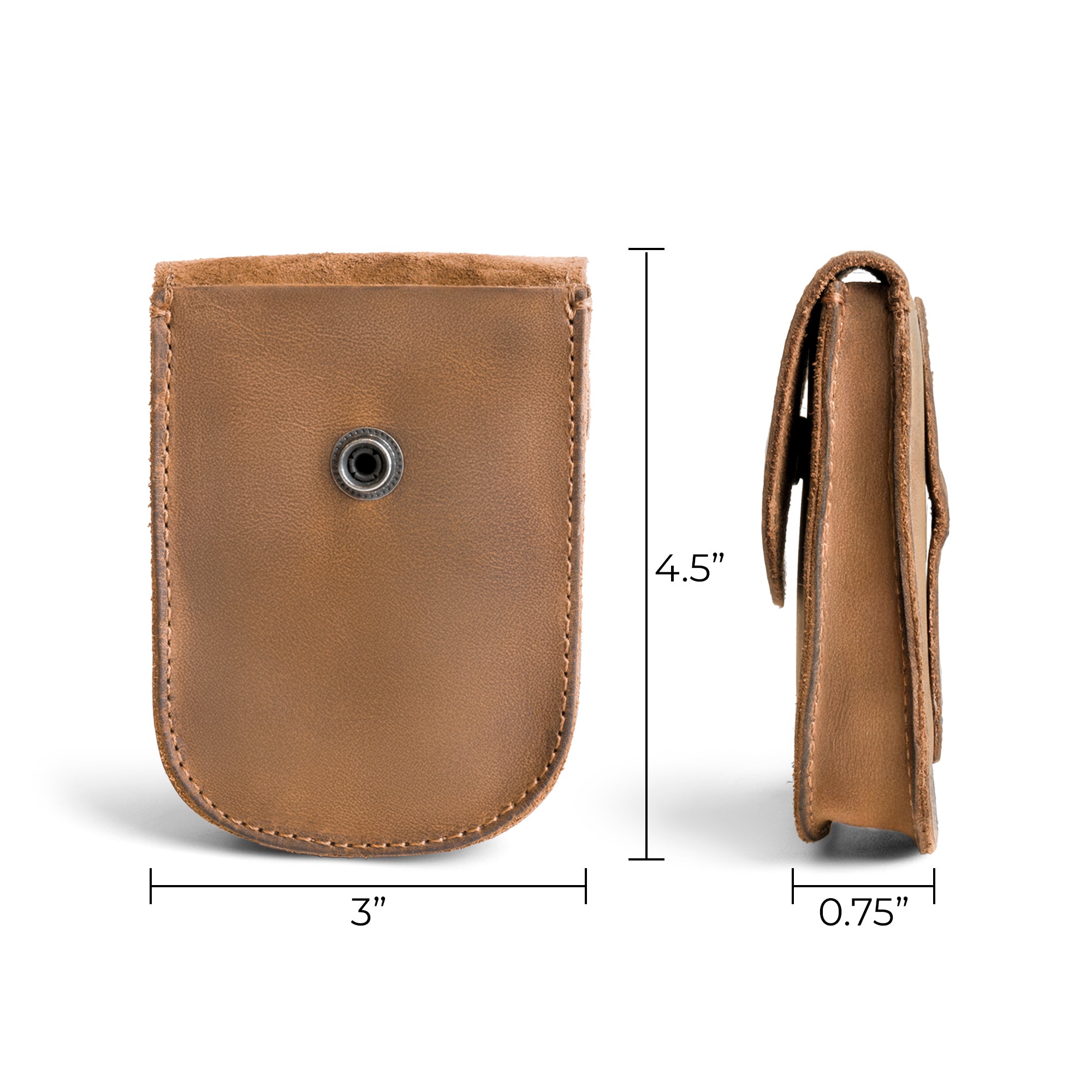 Dimensions shown for the Teal Holster Pouch by Hide & Drink, emphasizing its compact size and convenient features. Artisan crafted from full grain leather, this pouch is ideal for everyday essentials.