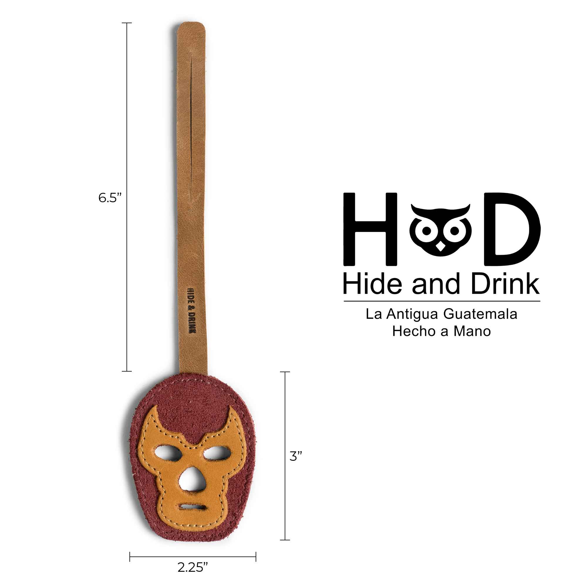 Hide & Drink Bag Charms illustrating dimensions for an engaging owl design. This charm for handbags is perfect as a purse charm for tote & backpacks, crafted from premium full grain leather. Capturing StockyardX's dedication to small batch production, each piece features hand cut, hand sewn artistry along with fire branding, handmade in La Antigua Guatemala & Oaxaca Mexico.