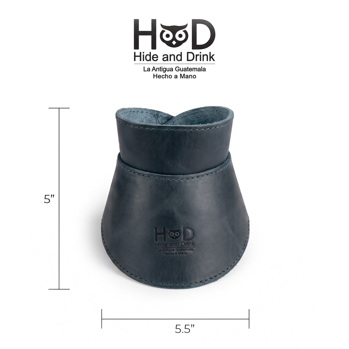 Packaging of Hide & Drink Chemex Collar in navy leather highlighting the product's artisan craftsmanship. Ideal for pour over coffee, this collar fits the Chemex 6-Cup Glass and is handmade in La Antigua Guatemala & Oaxaca 