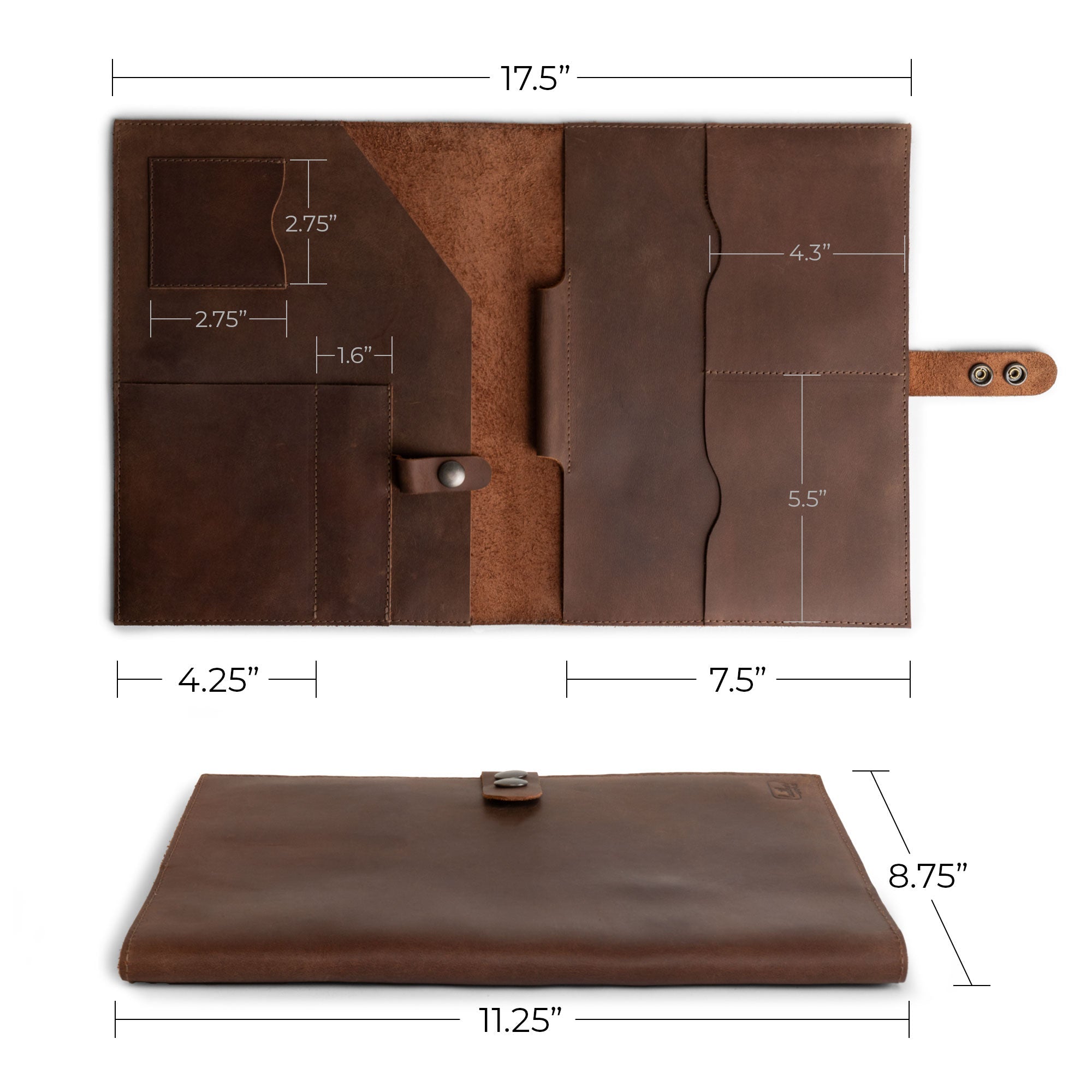 Dimensions overview of the Leather Tablet Padfolio by Leather Worx, emphasizing its sleek and accessible design. This Executive Document Folder Holder is not just for looks; it serves as a Handmade Portfolio Binder and a Professional Business Folio Organizer made from Full Grain Leather, emphasizing the small batch artisan craftsmanship from La Antigua Guatemala & Oaxaca Mexico.