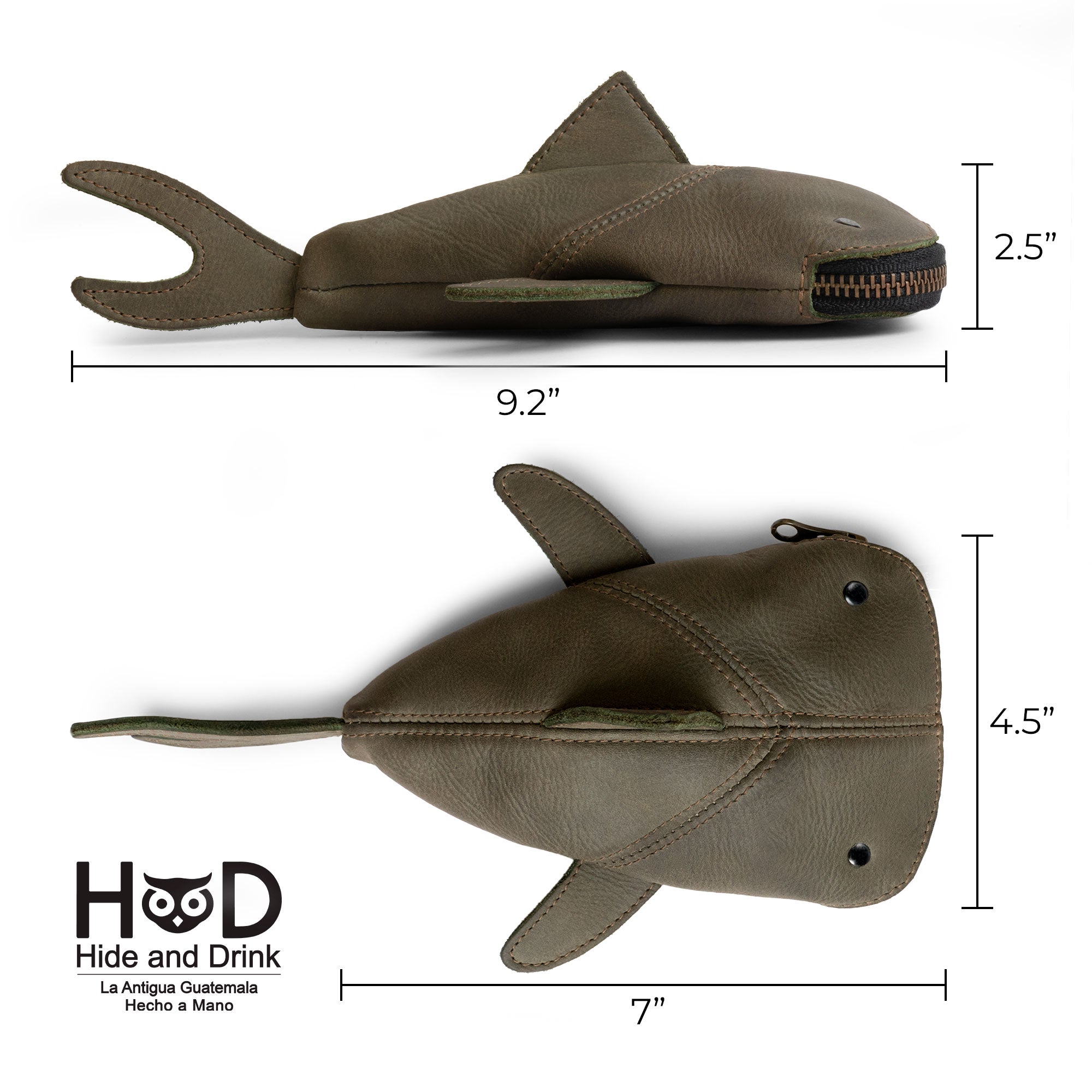 Dimensions displayed for the Leather Shark Pouch from Hide & Drink, highlighting its compact size. This zippered coin pouch is made of full grain leather and functions as a shark shaped case for various uses like a pencil purse or a cable holder. Crafted in small batches by skilled artisans in La Antigua Guatemala & Oaxaca Mexico.