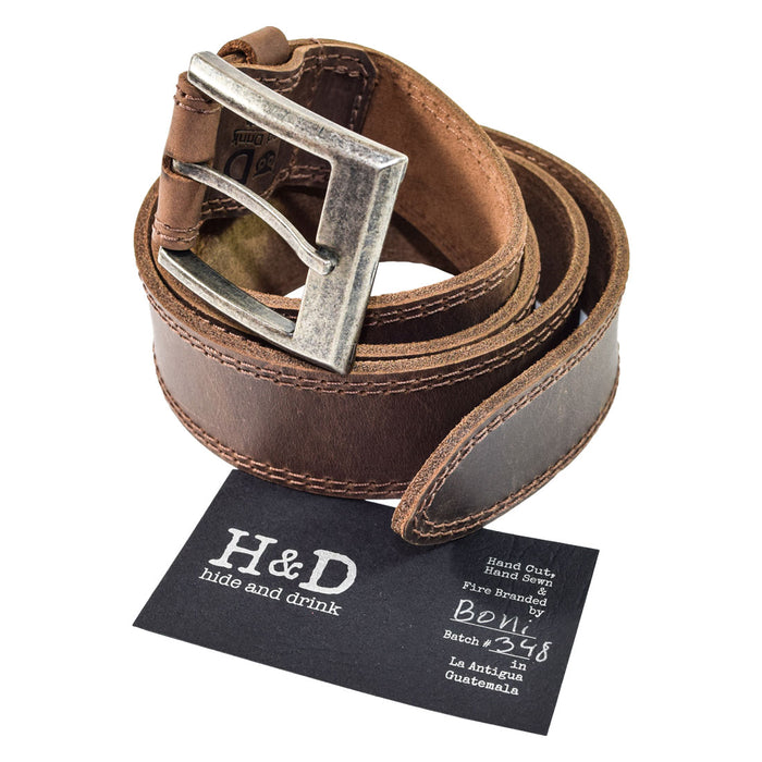 Two Row Stitch Thick Leather Belt with Rustic Nickel Buckle