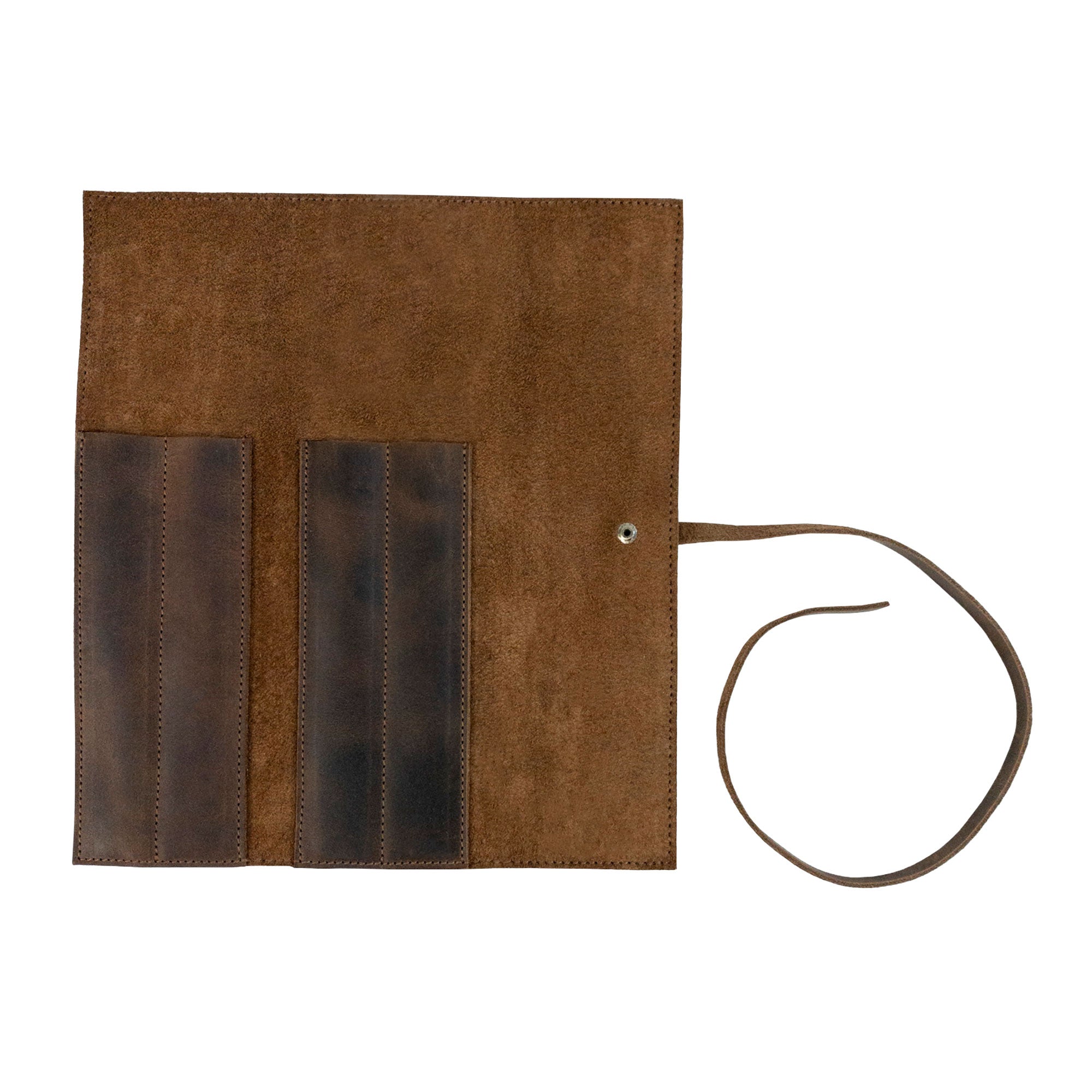 Inside view of the Rustic Roll Bag for Chopsticks, highlighting its practical design with compartments for chopsticks made by Cast Leather Co. This handcrafted bag celebrates traditional techniques and reliable organization for dining. Rustic Roll Bag for Chopsticks, Rustic Roll for Chopsticks, Case for Bamboo Wooden Chopsticks, Kitchen Organizer, Full Grain Leather, StockyardX, Small Batch Production, Hand Cut, Hand Sewn, Fire Branded, Artisan, Handmade in La Antigua Guatemala & Oaxaca Mexico.