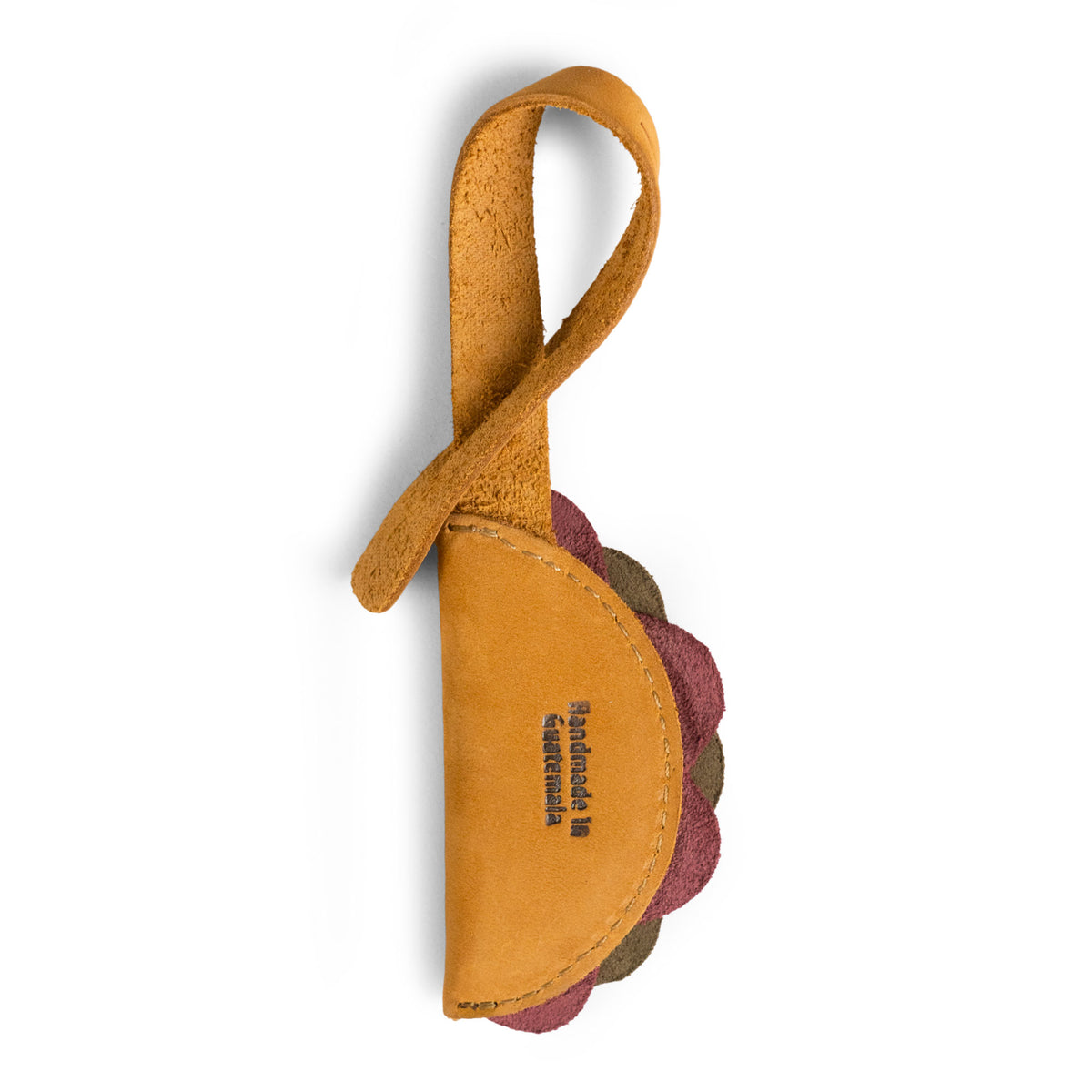 Side view of the Hide & Drink Taco Bag Charm featuring colorful leather details, Full Grain Leather construction, Small Batch Production, Hand Cut and Hand Sewn craftsmanship, Fire Branded Artisan styling, Handmade in La Antigua Guatemala & Oaxaca Mexico, from StockyardX.