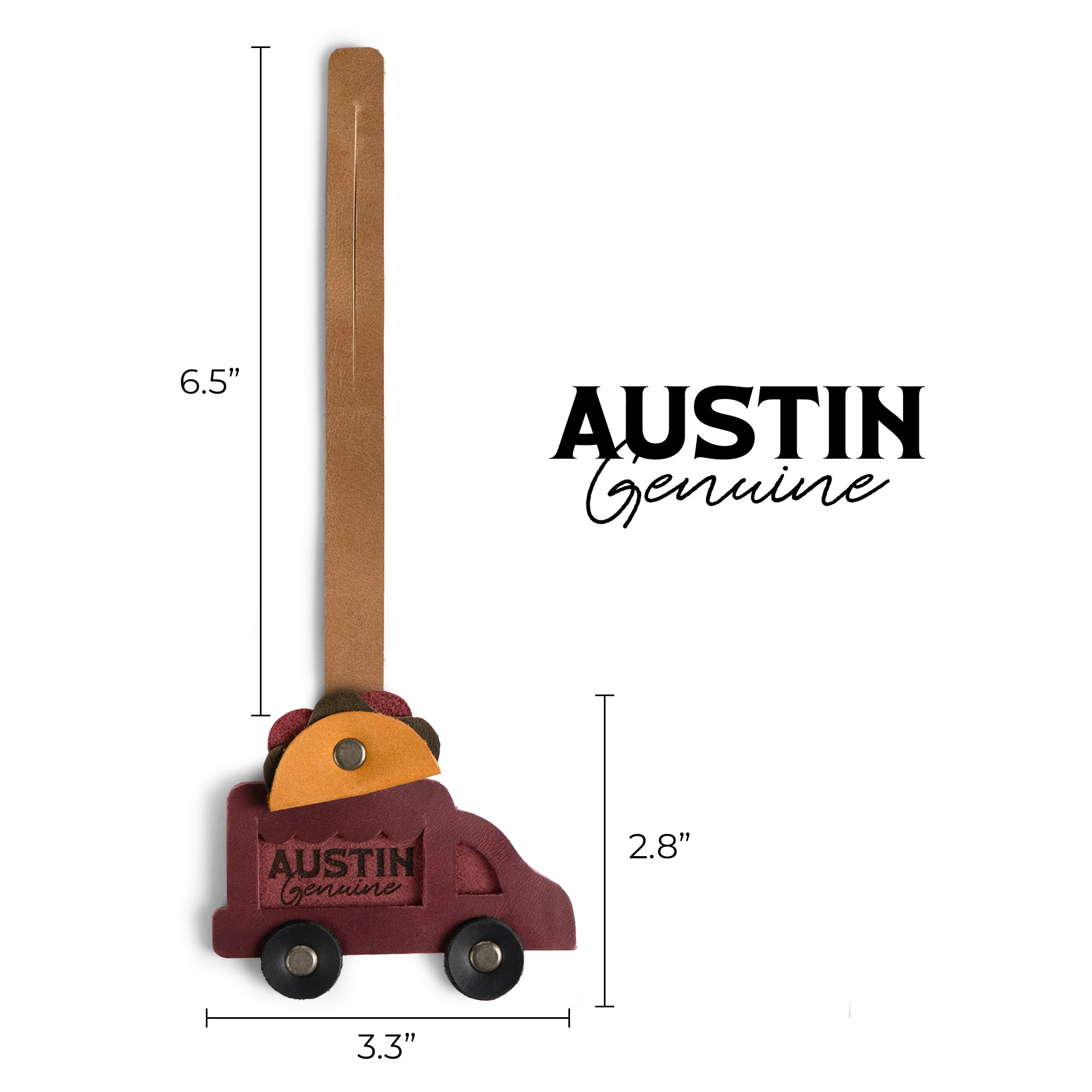 Bag Charms by Austin Genuine displays dimensions of a taco truck bag charm. This Austin Genuine Bag Charm showcases 7 unique designs made with full grain leather from StockyardX, crafted through small batch production, hand cut, hand sewn, and fire branded, artisan, handmade in La Antigua Guatemala & Oaxaca Mexico.