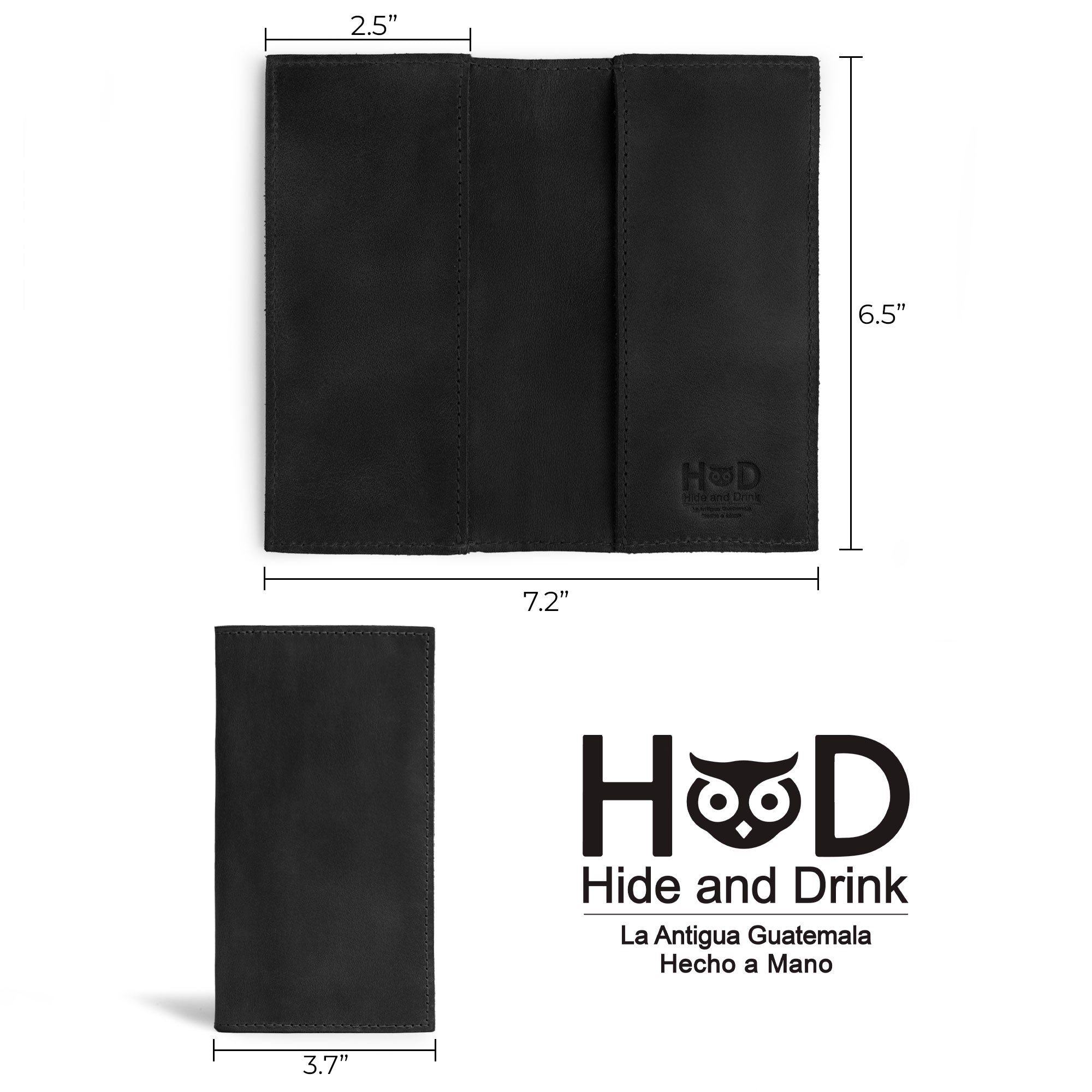 Dimensions of the black Checkbook Leather Cover by Hide & Drink, ideal for use as a minimalist organizer for standard checkbooks. This artisan piece is made from full grain leather and is handmade in La Antigua Guatemala and Oaxaca Mexico, reflecting the quality of small batch production.