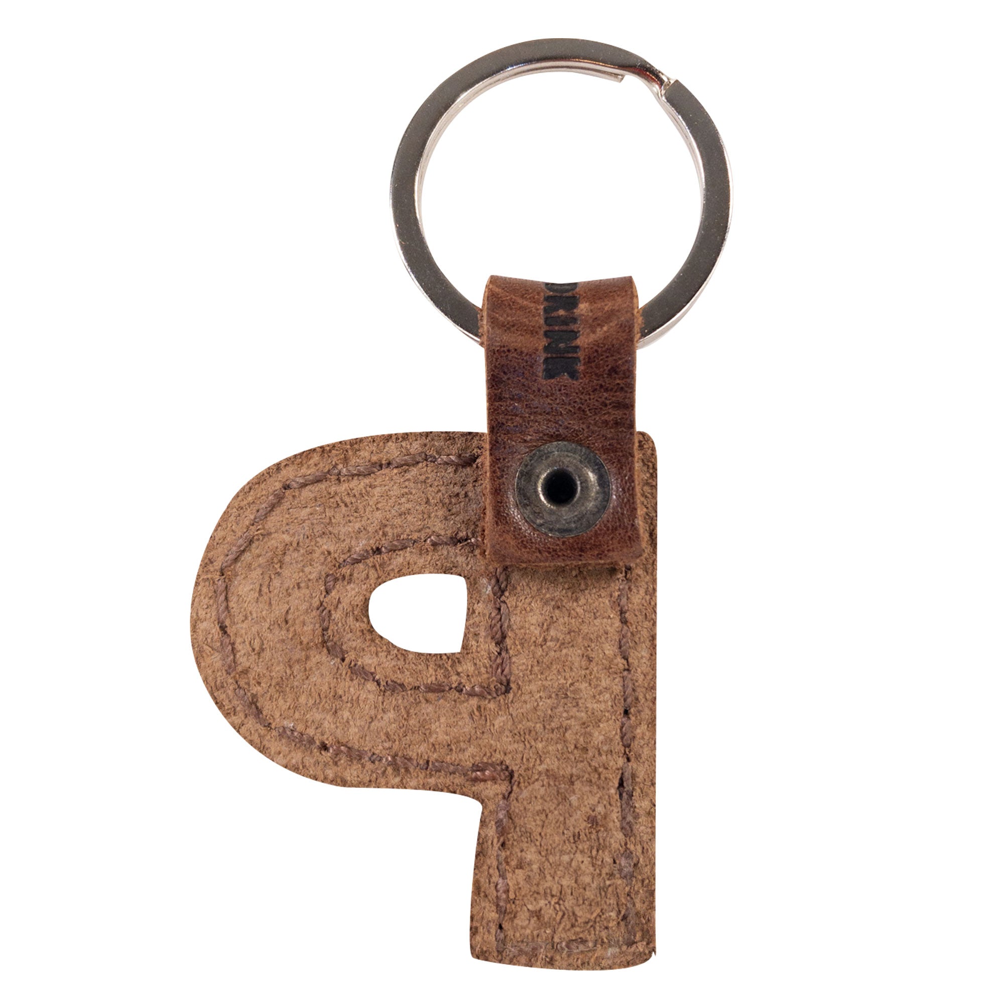 Close-up view of the letter P in a thick leather keychain by Hide & Drink. This Alphabet Letter Keychain, crafted from Full Grain Leather, is a perfect demonstration of small batch artisan techniques from La Antigua Guatemala.