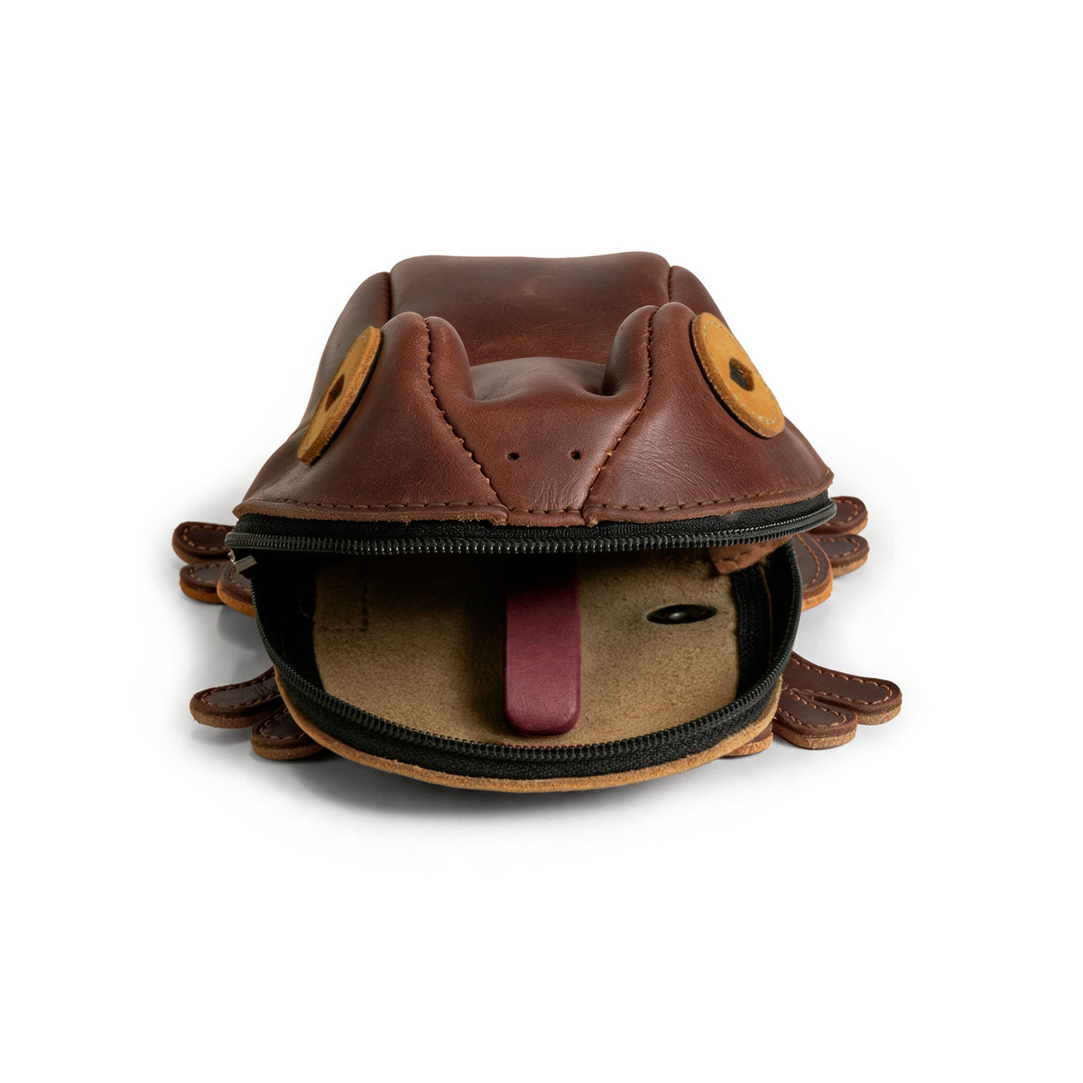Front view of the open Tudi Frudi Frog Pouch showing its spacious zippered interior and playful frog details, a Frog-Shaped Pouch, Cable Organizer, and Small Accessory Case; Zippered Cash Holder Wallet for Coins and Change Purse for Pouches for Men and Women. Made of Full Grain Leather by StockyardX with Small Batch Production, Hand Cut and Hand Sewn construction, Fire Branded, Artisan, Handmade in La Antigua Guatemala & Oaxaca Mexico.