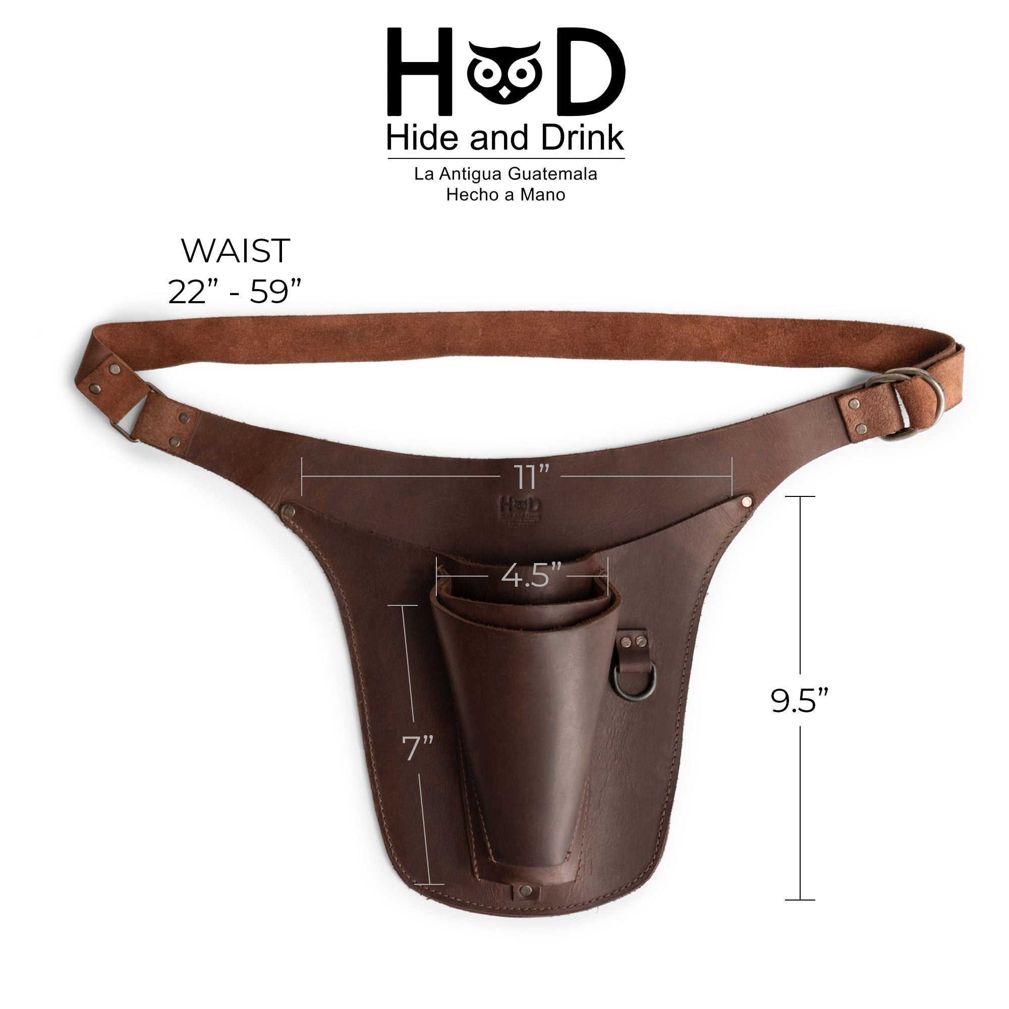 Hide & Drink Florist Tool Belt with displayed dimensions emphasizing its adjustable fit. This Full Grain Leather Florist Tool Belt for Men & Women stands out as an essential utility tool pouch for gardening, construction, and crafting. Artisan made in La Antigua Guatemala & Oaxaca Mexico, it features quality craftsmanship.