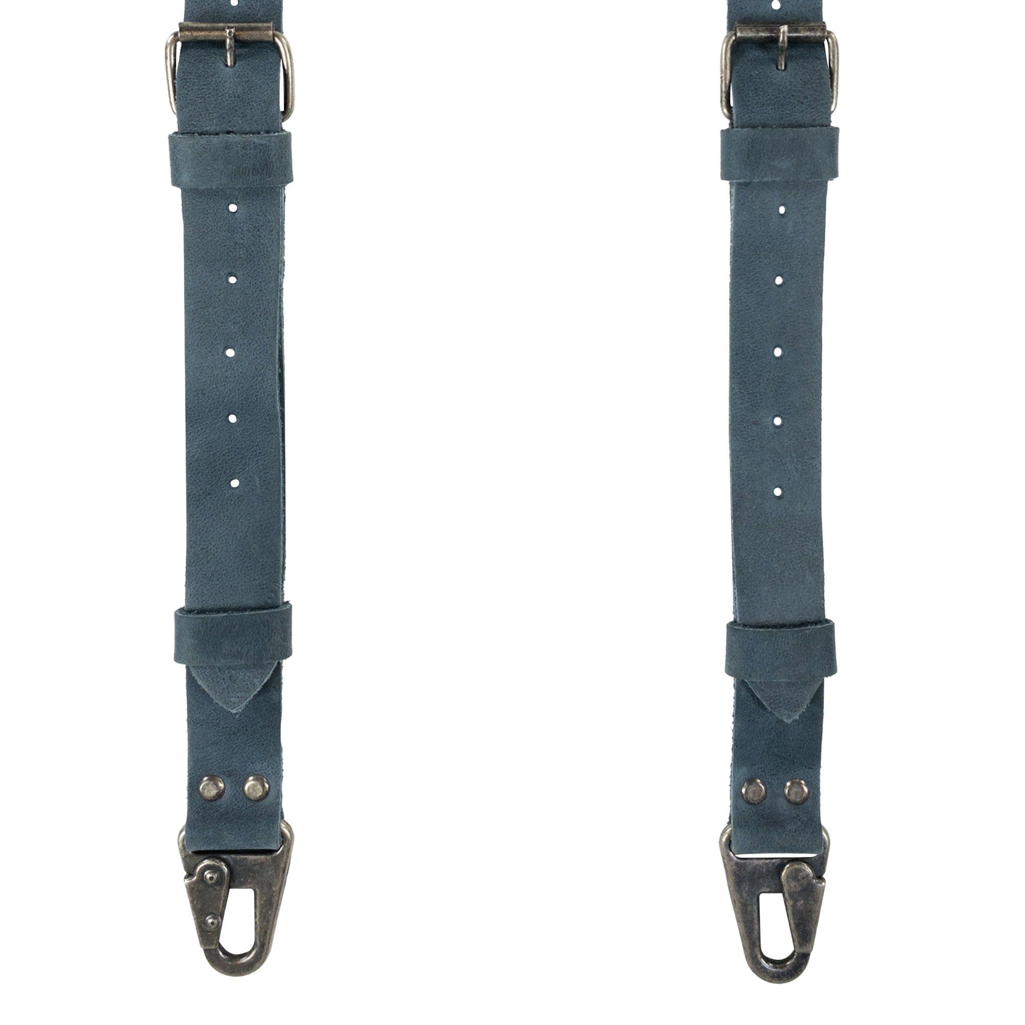 Close-up of adjustable straps of dark Vintage Renaissance Suspenders by Hide & Groom, illustrating the handmade quality and attention to detail integral to this stylish accessory.