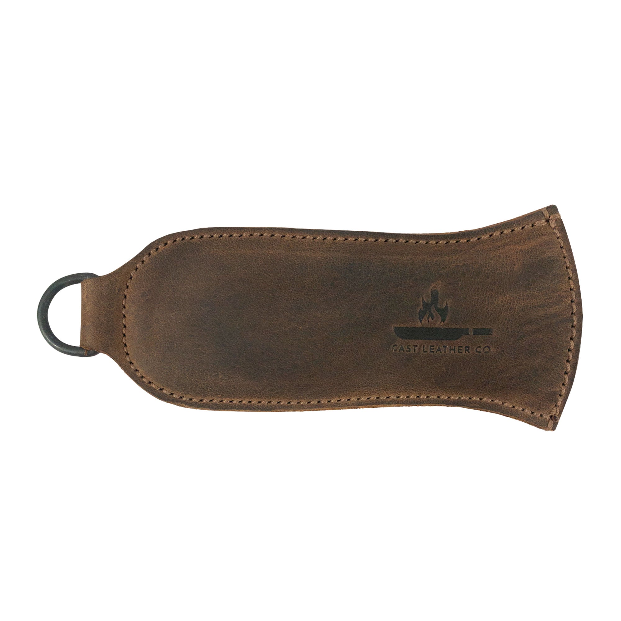 Hanging Pan Handle Cover by Cast Leather Co. featuring a detailed view of the handcrafted design of this Hot Handle Panhandle with Half Ring. Made from durable full grain leather, it allows cookware to slide on/off easily onto metal skillet grips, highlighting small batch artisanal production in La Antigua Guatemala & Oaxaca Mexico.