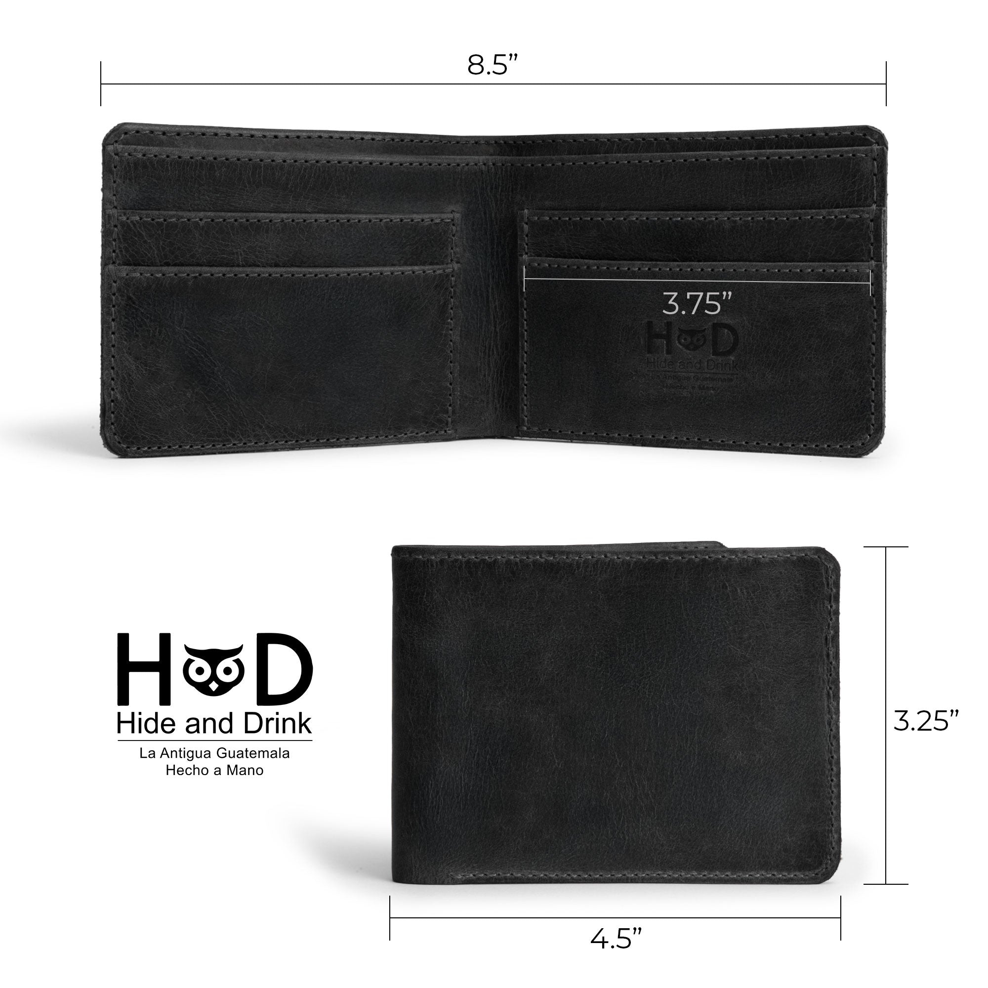 Close-up of Hide & Drink's black Bifold Wallet emphasizing its dimensions for portability. This Slim Bifold Wallet serves as a classic billfold suitable for storing cards and cash, ideal as a travel accessory made from high-quality full grain leather, artisan handmade in La Antigua Guatemala & Oaxaca Mexico.