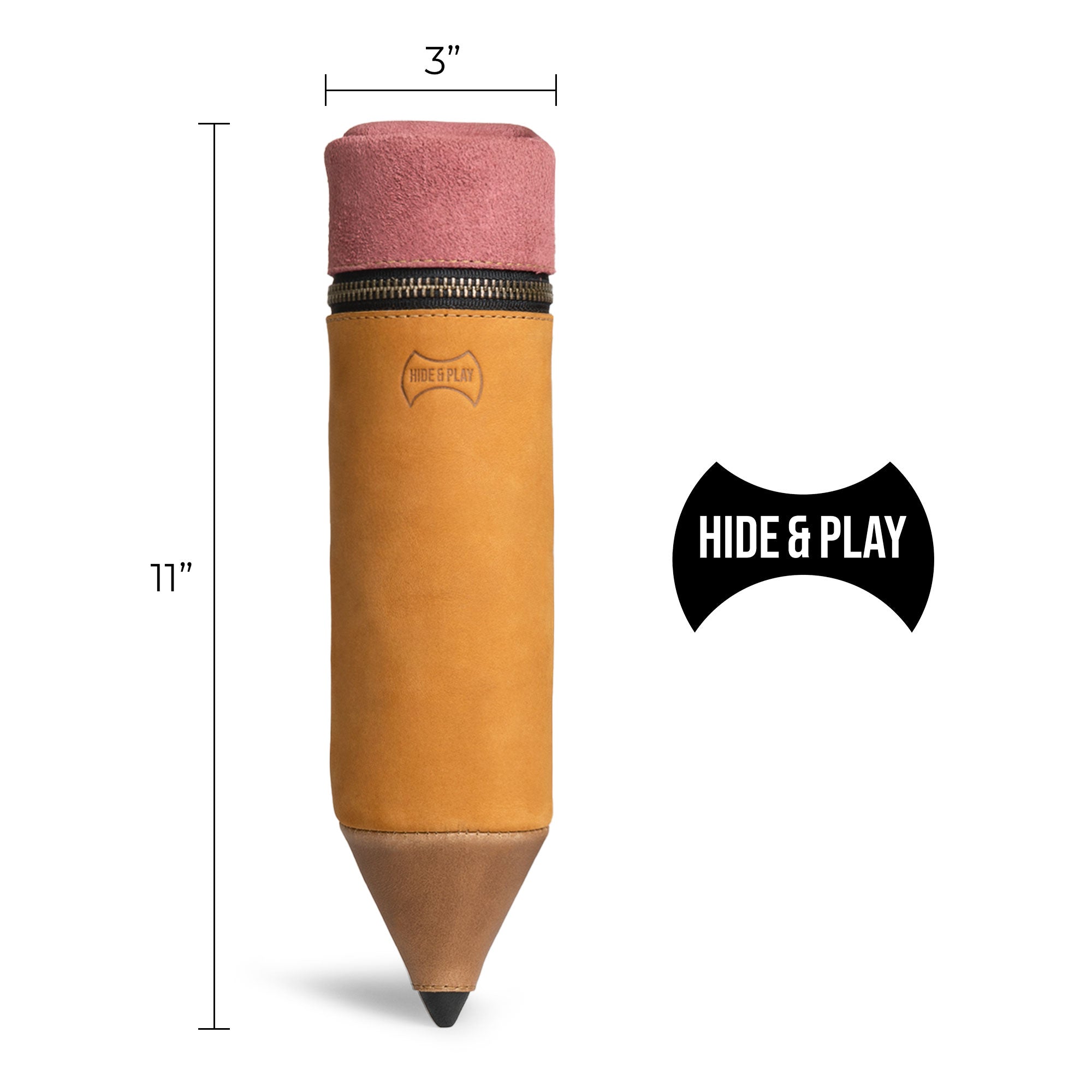 Get to know the details of the Pencil-Shaped Case from Hide & Play, measuring 11 inches tall and 2.8 inches wide. This zippered bag for office accessories features premium full grain leather, supporting small batch production and showcasing artisan skills with hand cut and sewn elements, all handmade in La Antigua Guatemala & Oaxaca Mexico.