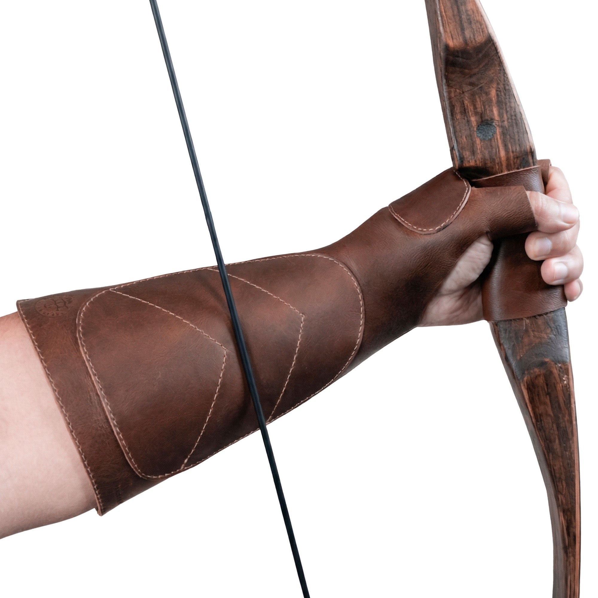 Close-up of The Bowmaster, Forearm Guard for Archers by Valhalla Gear, highlighting the detailed craftsmanship. This full grain leather shooting protector is designed as a stylish bracer for archers, ensuring safety and functionality. Its handmade quality reflects a commitment to artisan techniques from La Antigua Guatemala, perfect for archery enthusiasts seeking durable accessories.