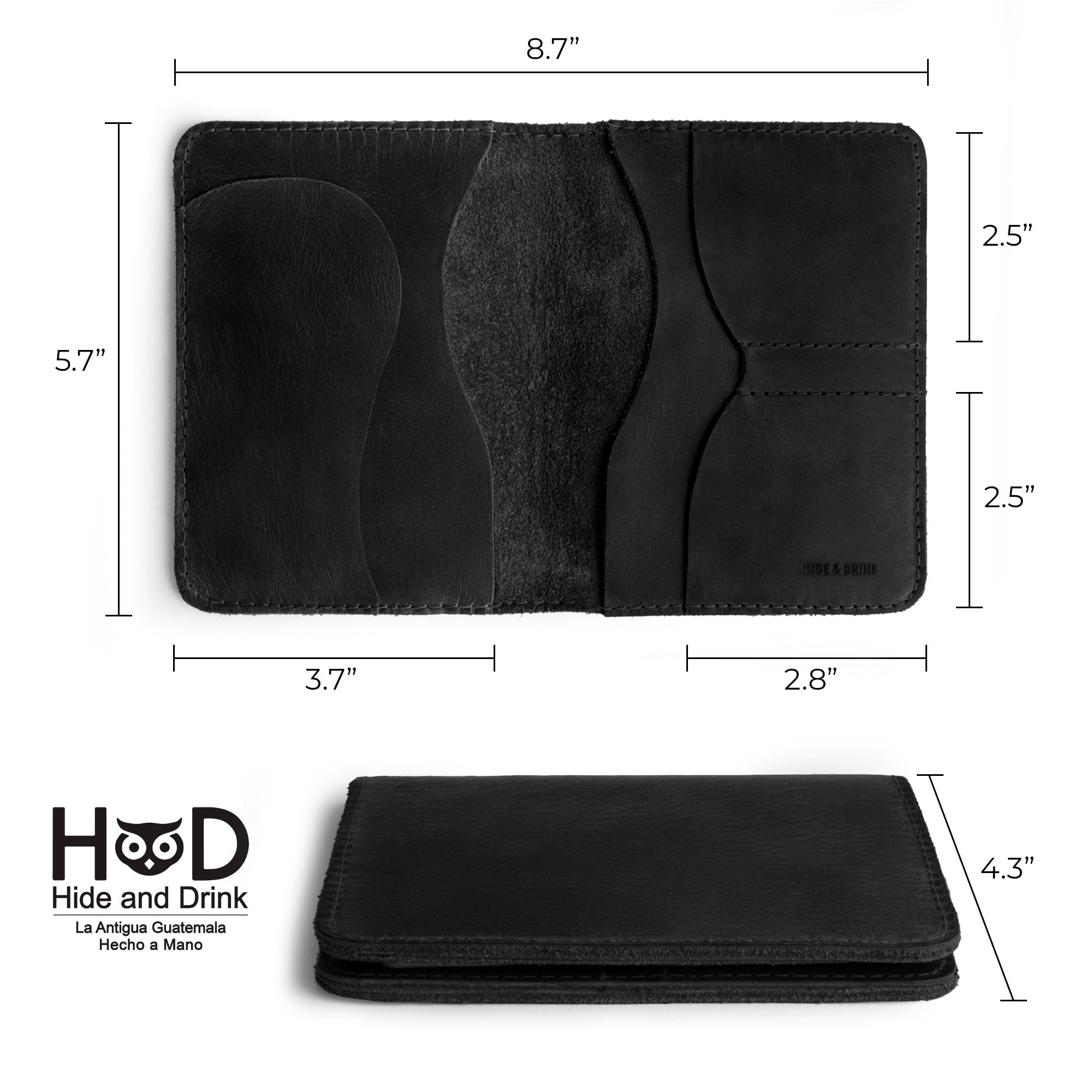 Dimensions of the Hide & Drink Double Passport Wallet W/Key Slot in black leather, showing its careful craftsmanship as a full grain leather wallet for storing bills, IDs, and keys, handmade in Guatemala & Mexico.