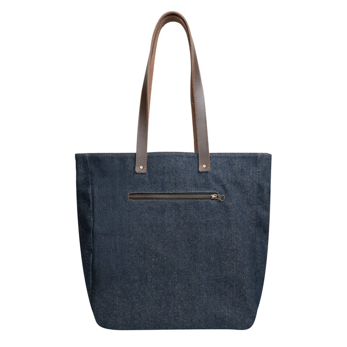 Denim Tote Bag with Leather Straps