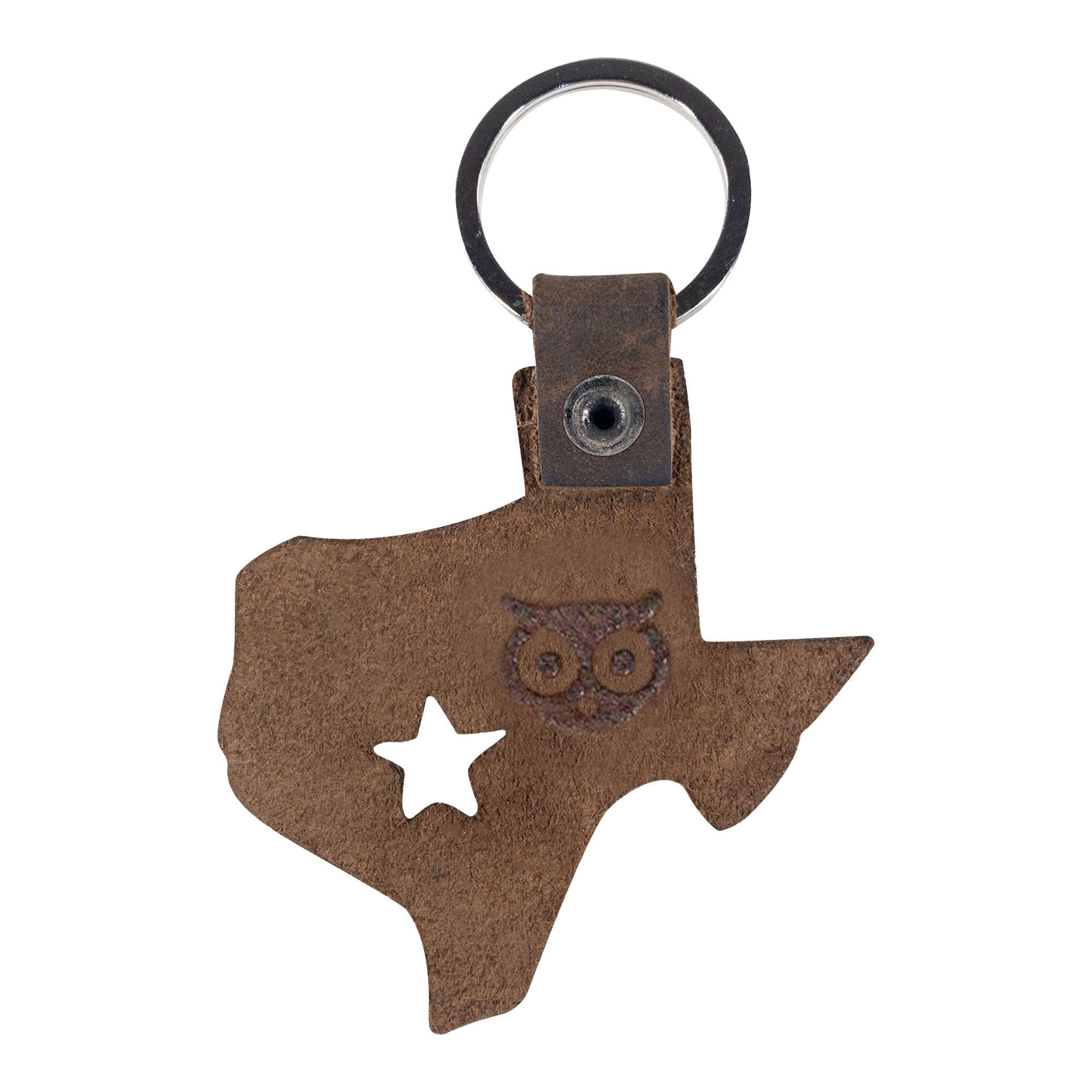 Artisan-crafted Texas State Keychain made from thick full grain leather, showing the Texas state outline with a charming owl imprint and star cutout. Designed by Hide & Drink, this keychain is a unique Texas souvenir, embodying the craftsmanship of small batch production from La Antigua Guatemala & Oaxaca Mexico.