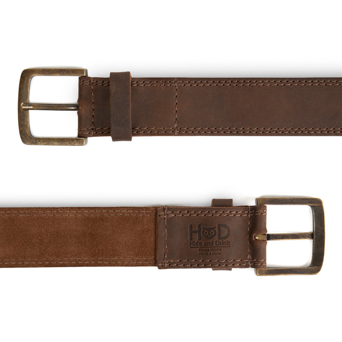 Two Row Stitch Thick Leather Belt - Antique Brass Buckle