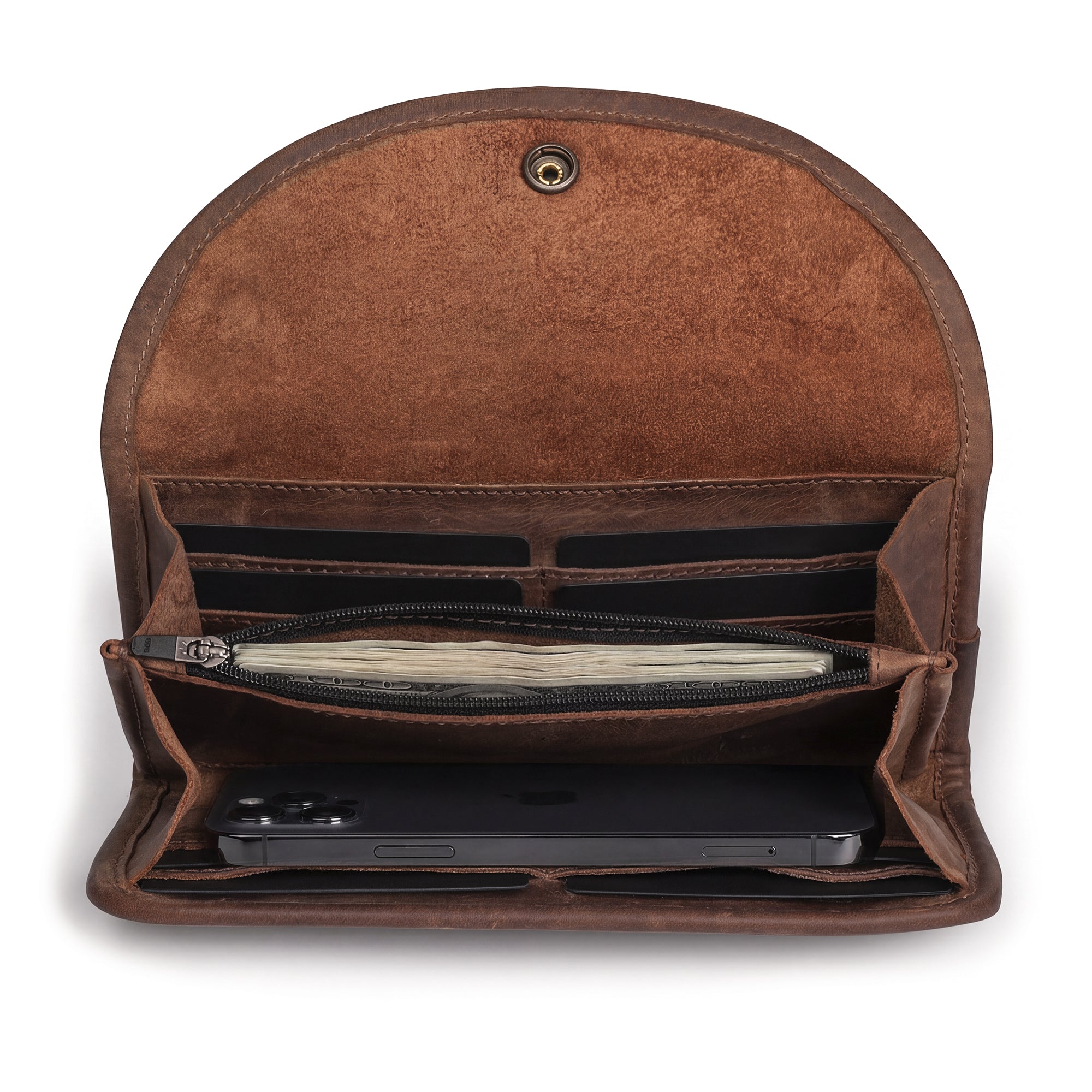 Inside view of the Single Snap Zippered Wallet by Hide & Drink, showcasing compartments for cards and a zippered pouch. This Snap Clutch Wallet for Women is a durable money holder and card organizer made from full grain leather, featuring small batch production, hand cut, and hand sewn details. Artisan crafted in La Antigua Guatemala.