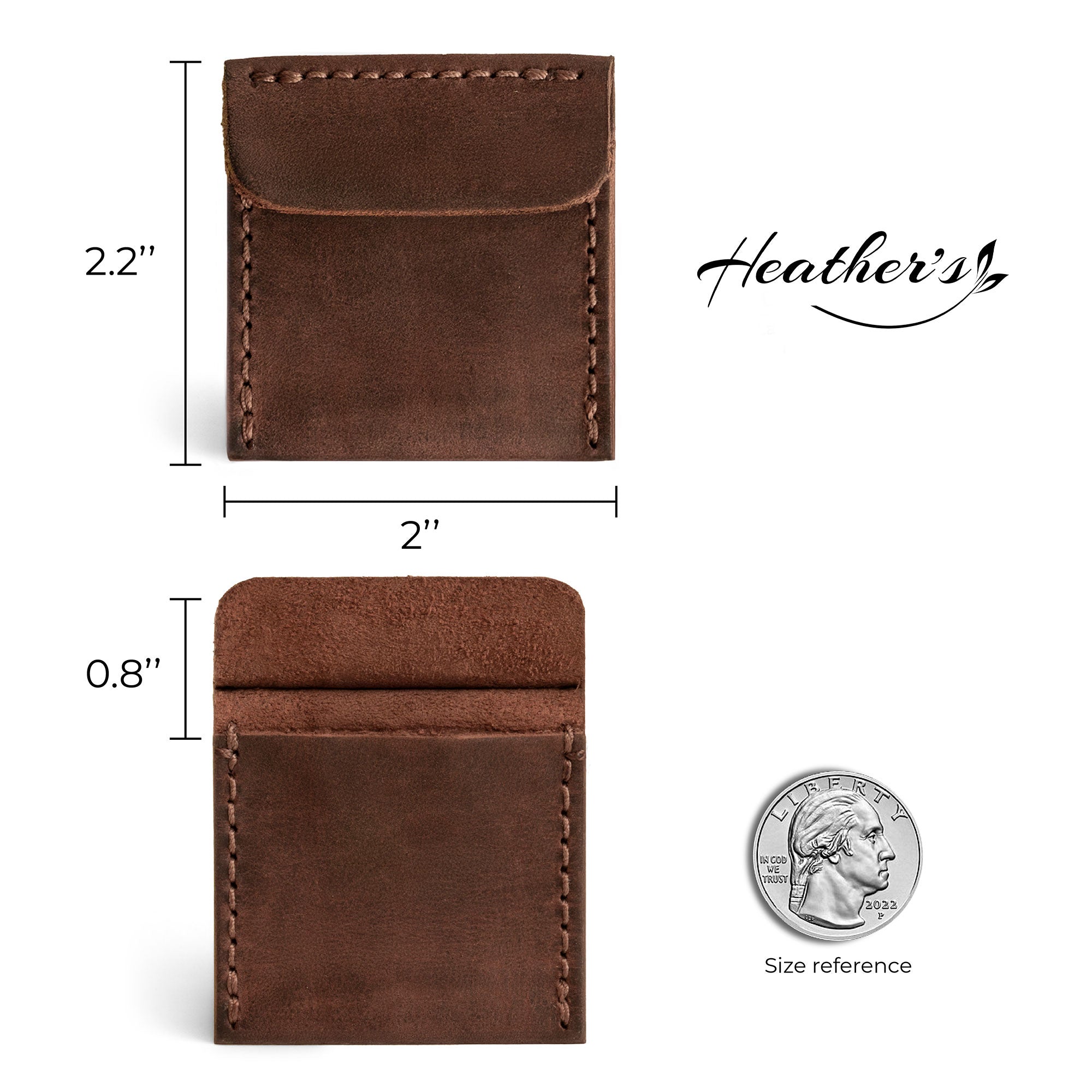 Heather's Wedding Ring Case displayed with size dimensions, showing its practicality as an engagement pouch for bride and groom jewelry storage. This small but mighty full grain leather accessory is perfect for marriage travel, serving as a ring bearer or proposal ring holder. Handmade in La Antigua Guatemala & Oaxaca Mexico, the case features exquisite hand cut and hand sewn artistry, completed with a fire branded logo for a unique touch.