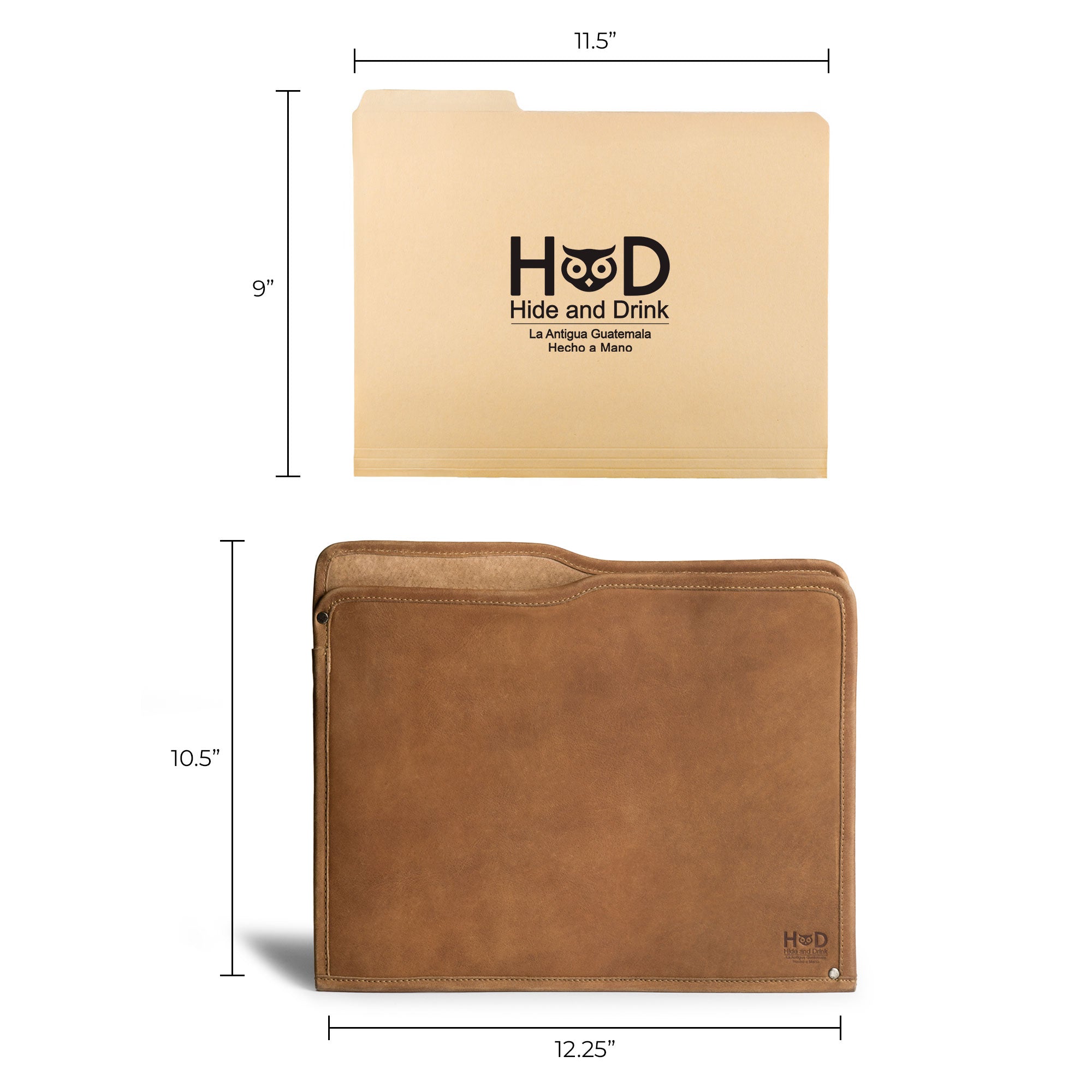 Showing the dimensions of the tan Manila Folder by Hide & Drink, providing space for standard documents. This Document Holder, crafted from Full Grain Leather, reflects the values of Small Batch Production and artisan dedication from La Antigua Guatemala and Oaxaca Mexico.
