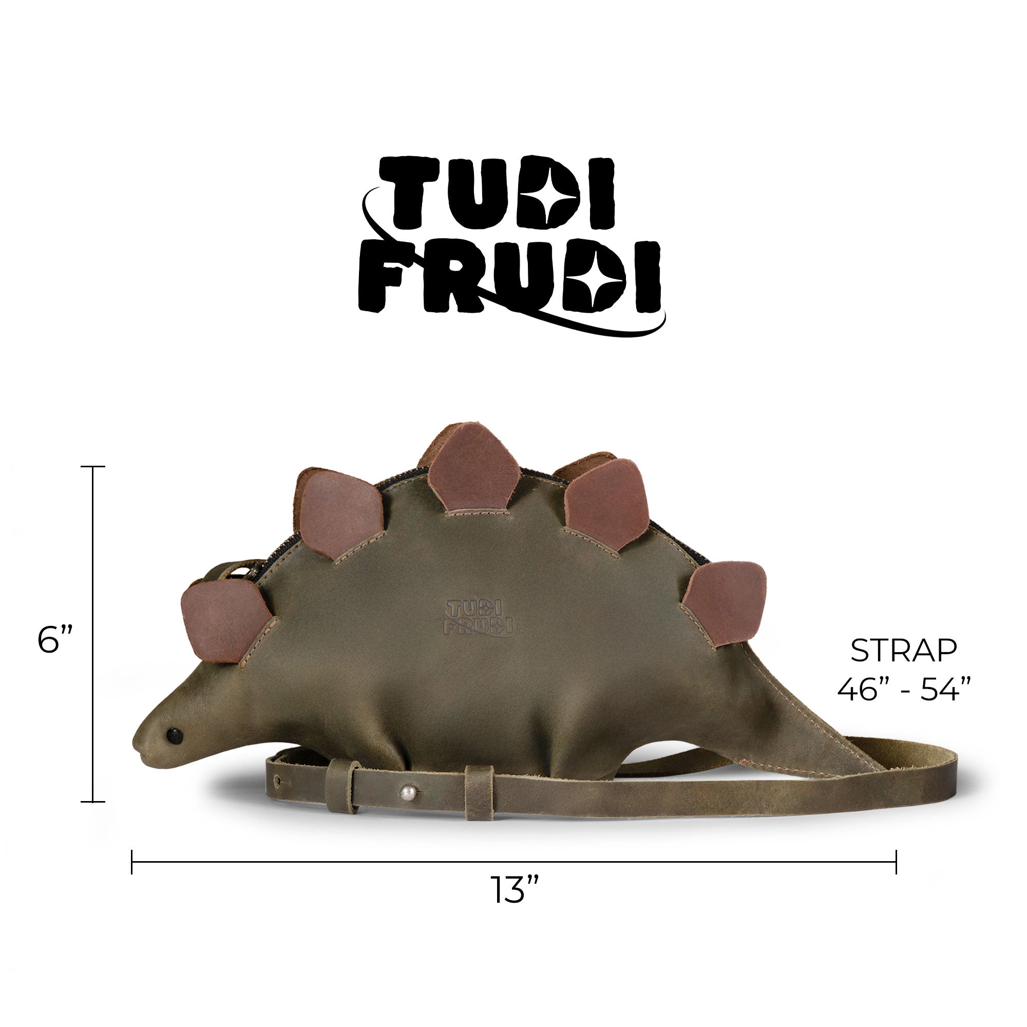 Dimensions and features of the Dinosaur-Shaped (Stegosaurus) Shoulder Bag by Tudi Frudi showcased, emphasizing its size as a versatile Crossbody Bag. Made from durable Full Grain Leather with a focus on Small Batch Production, it exemplifies Artisan workmanship from La Antigua Guatemala & Oaxaca Mexico.