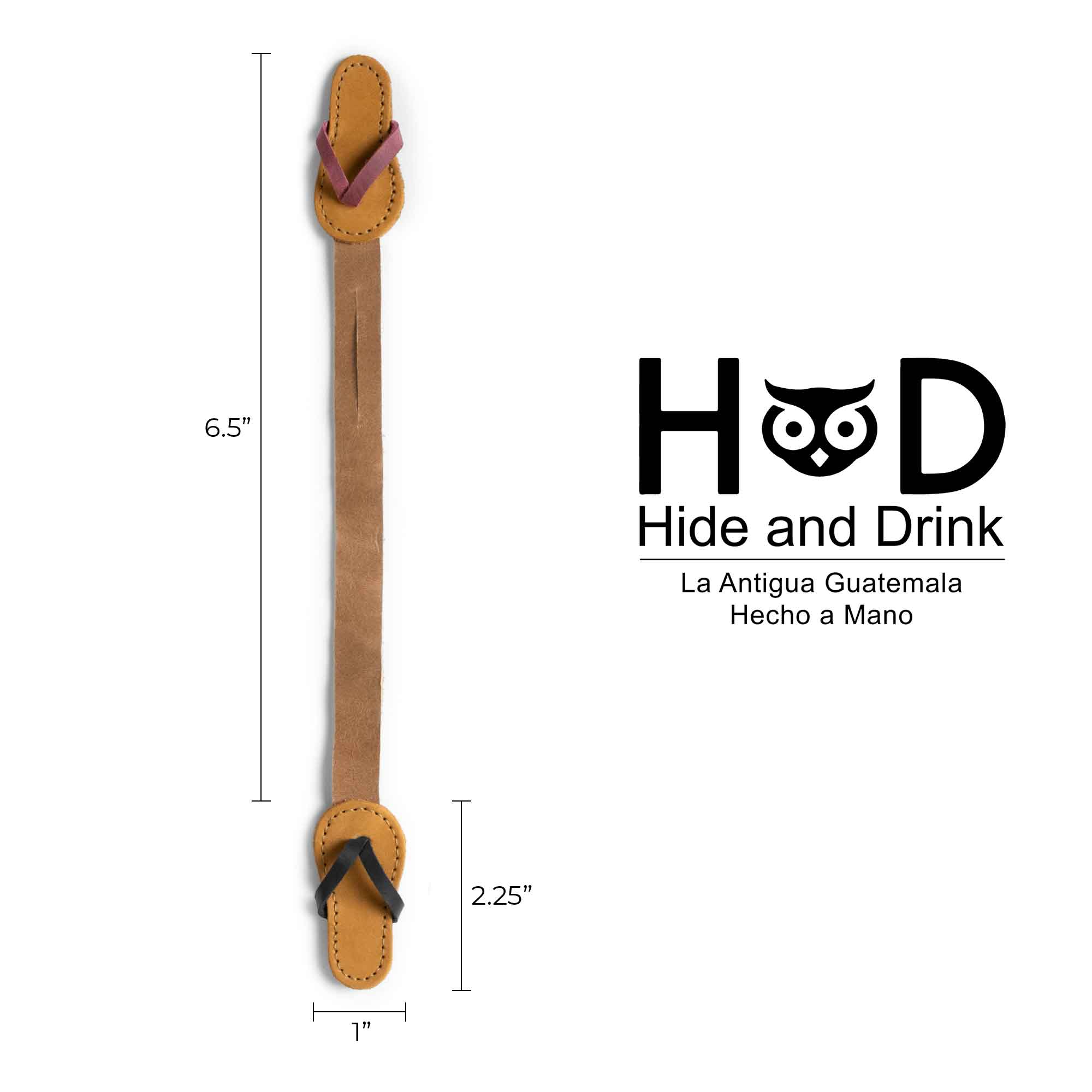 Hide & Drink Bag Charms showcasing dimensions for a flip flop design. This charm for handbags is perfect as a purse charm for tote & backpacks, crafted from premium full grain leather. Every piece captures StockyardX's ethos of small batch production with hand cut, hand sewn detailing along with fire branded artisan craftsmanship, handmade in La Antigua Guatemala & Oaxaca Mexico.