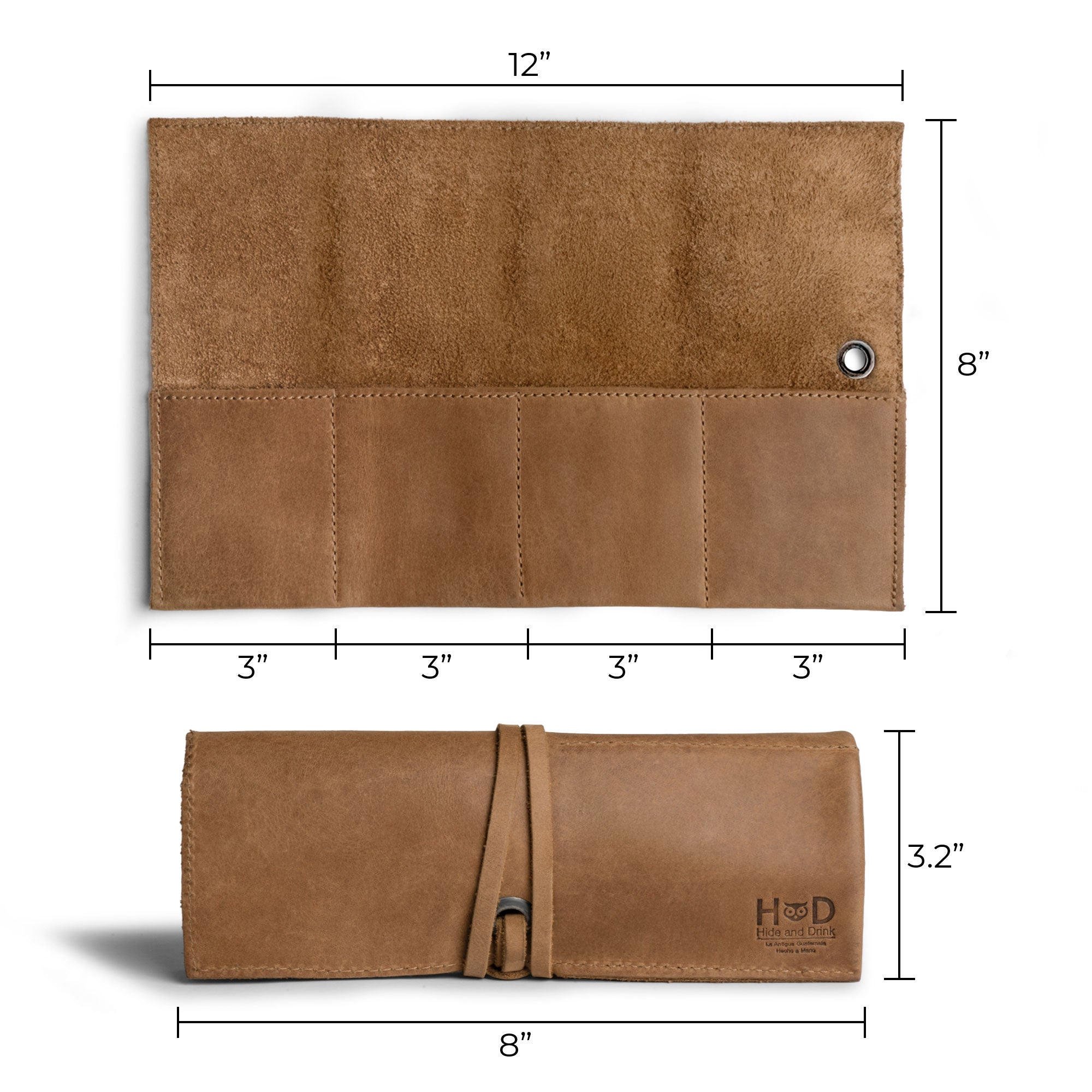 Unique brown leather Watch Roll by Hide & Drink, holds up to 4 watches. This easy carry Watch Roll Organizer is crafted with full grain leather, showcasing artisan quality from small batch production, hand cut, hand sewn, and fire branded made in La Antigua Guatemala & Oaxaca Mexico.