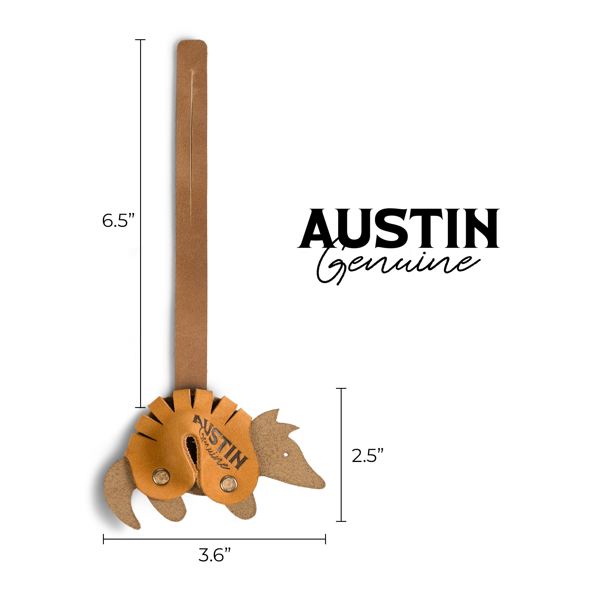 Bag Charms by Austin Genuine highlights dimensions for an armadillo bag charm. This Austin Genuine Bag Charm showcases 7 unique designs made with full grain leather from StockyardX, crafted through small batch production, hand cut, hand sewn, and fire branded, artisan, handmade in La Antigua Guatemala & Oaxaca Mexico.