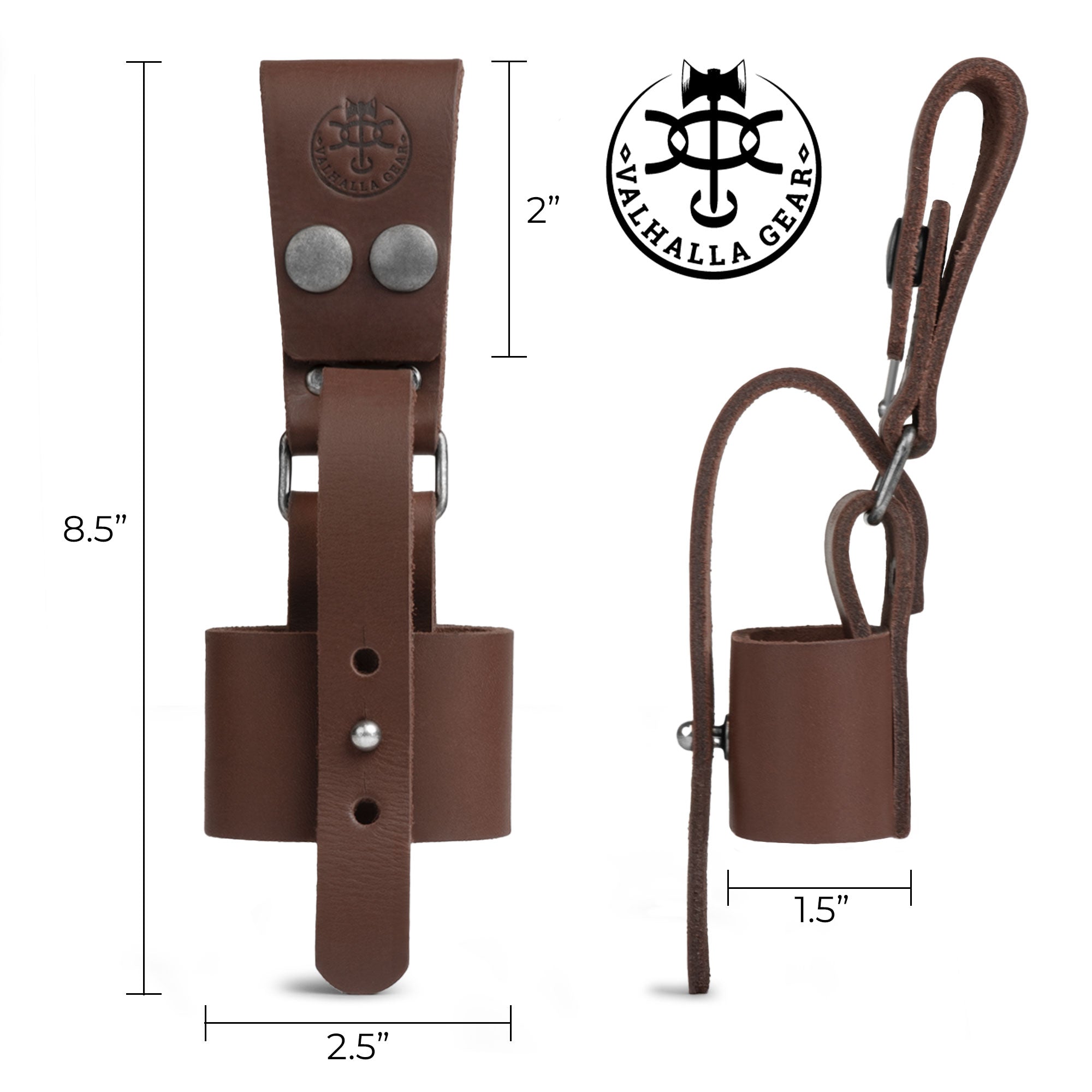 Dimensions of the Valhalla Gear Axe Holder with Belt Loop displayed alongside stylish branding. This rustic waist holder for axes is crafted from full grain leather, showcasing the careful hand cut and hand sewn techniques utilized in small batch production.