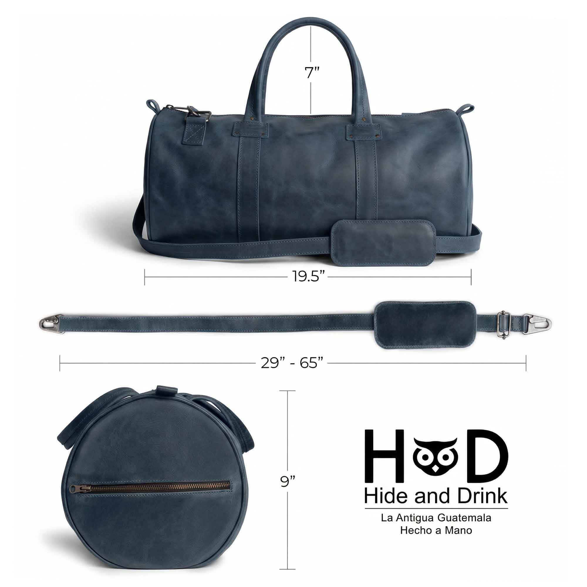Classic Duffle Bag by Hide & Drink in dark brown leather, with adjustable strap and zipper closure, representing quality and style. This spacious Full Grain Leather Classic Duffle Bag is an excellent choice as a Messenger Bag for travel, crafted in La Antigua Guatemala & Oaxaca Mexico.