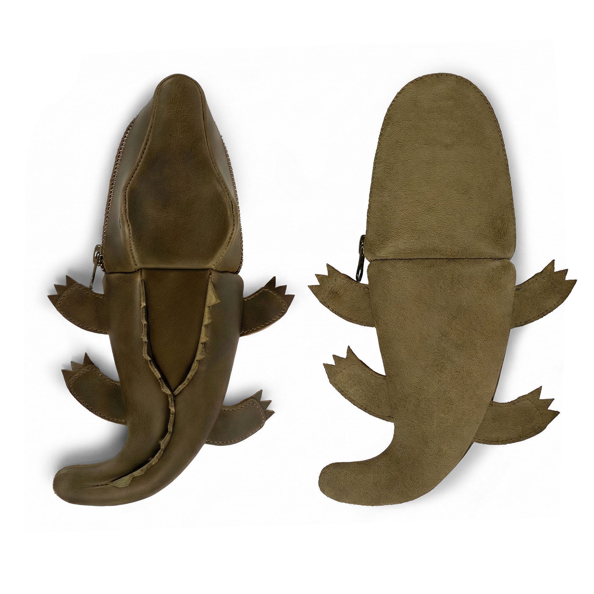 Gator Leather Pouch by Tudi Frudi, displayed from above, illustrating its versatile design as a small charger cable holder and change bag. This handmade full grain leather pouch is crafted with care in small batches, honoring the artisan tradition of La Antigua Guatemala and Oaxaca Mexico.