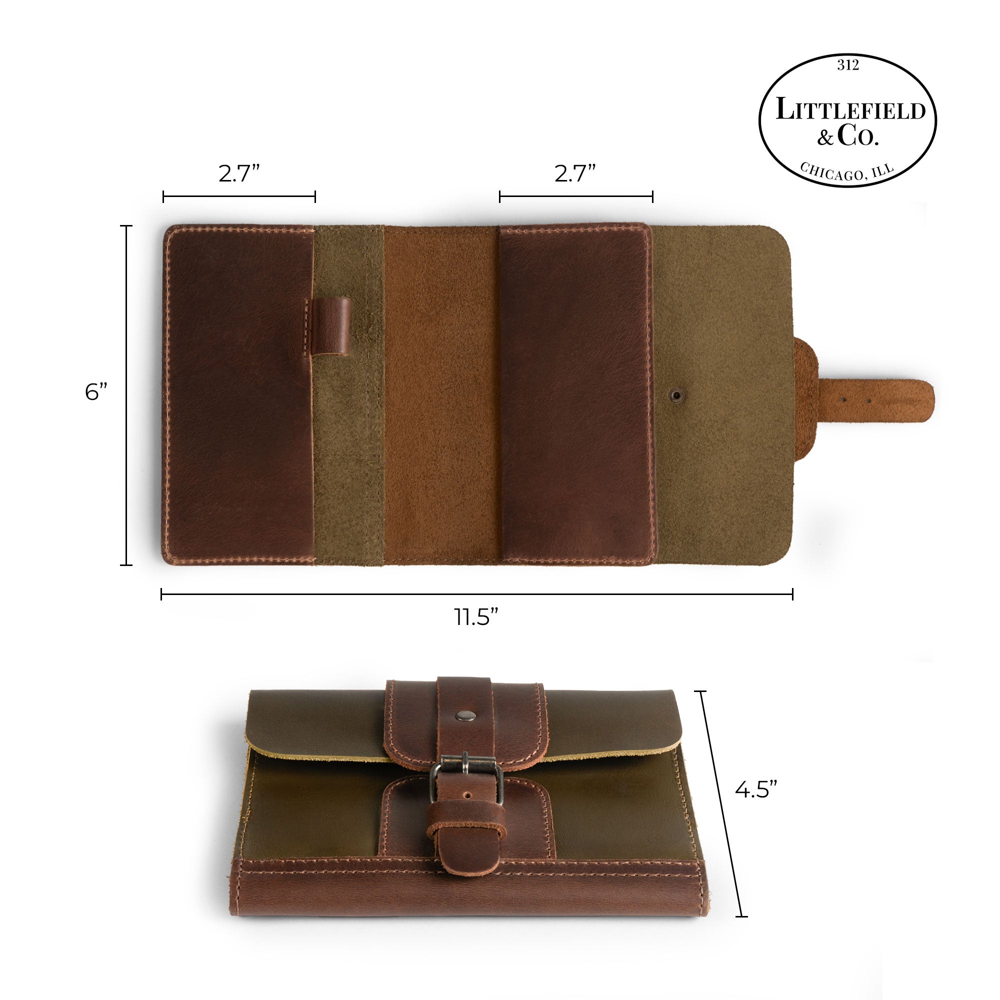 Dimensions of the Adventurer Field Notes Cover by Littlefield Chicago, illustrating its size and design. This Adventurer Journal Cover for Field Notes (3.5 x 5.5 in. Notebook not Included) is a practical Notebook Holder and Journaling Accessory for Outdoors. Constructed from Full Grain Leather, this refillable Travel Sleeve is hand cut, hand sewn, and represents small batch production by artisans in La Antigua Guatemala and Oaxaca Mexico.